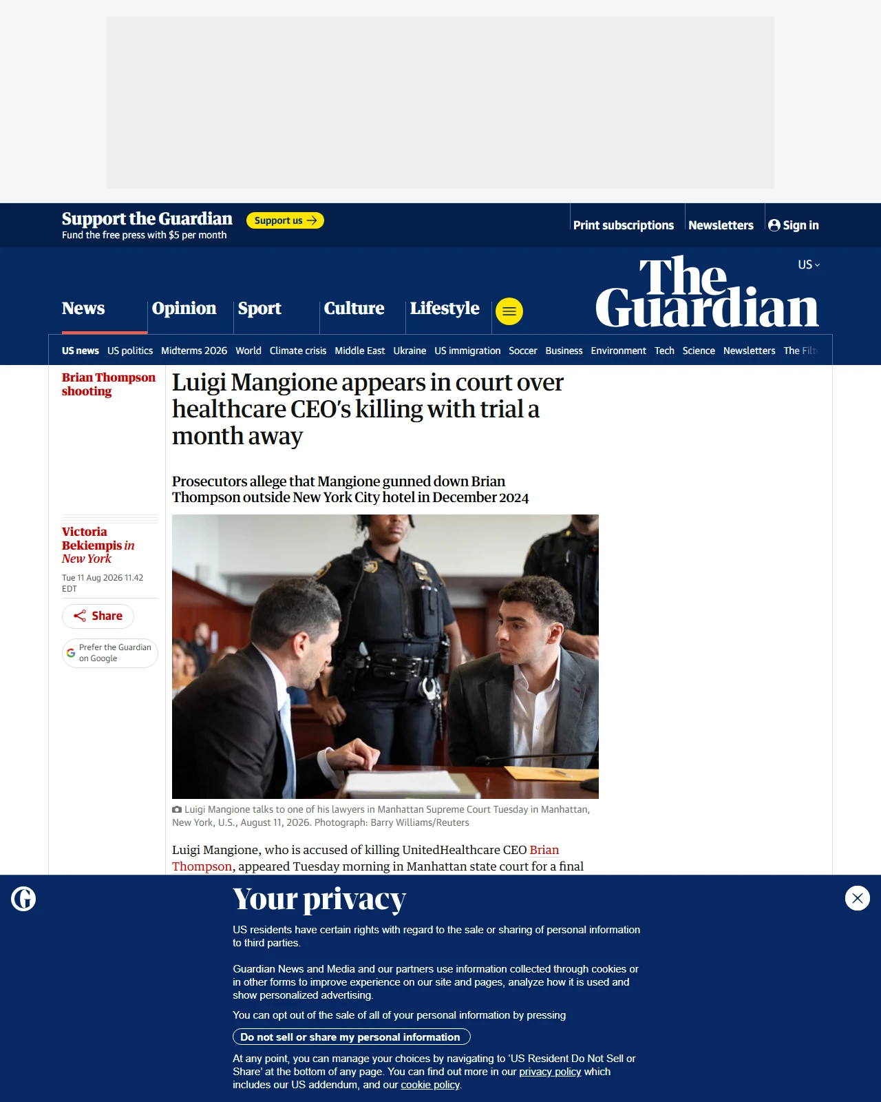 theguardian.com as published: Luigi Mangione appears in court over healthcare CEO’s killing with trial a month away