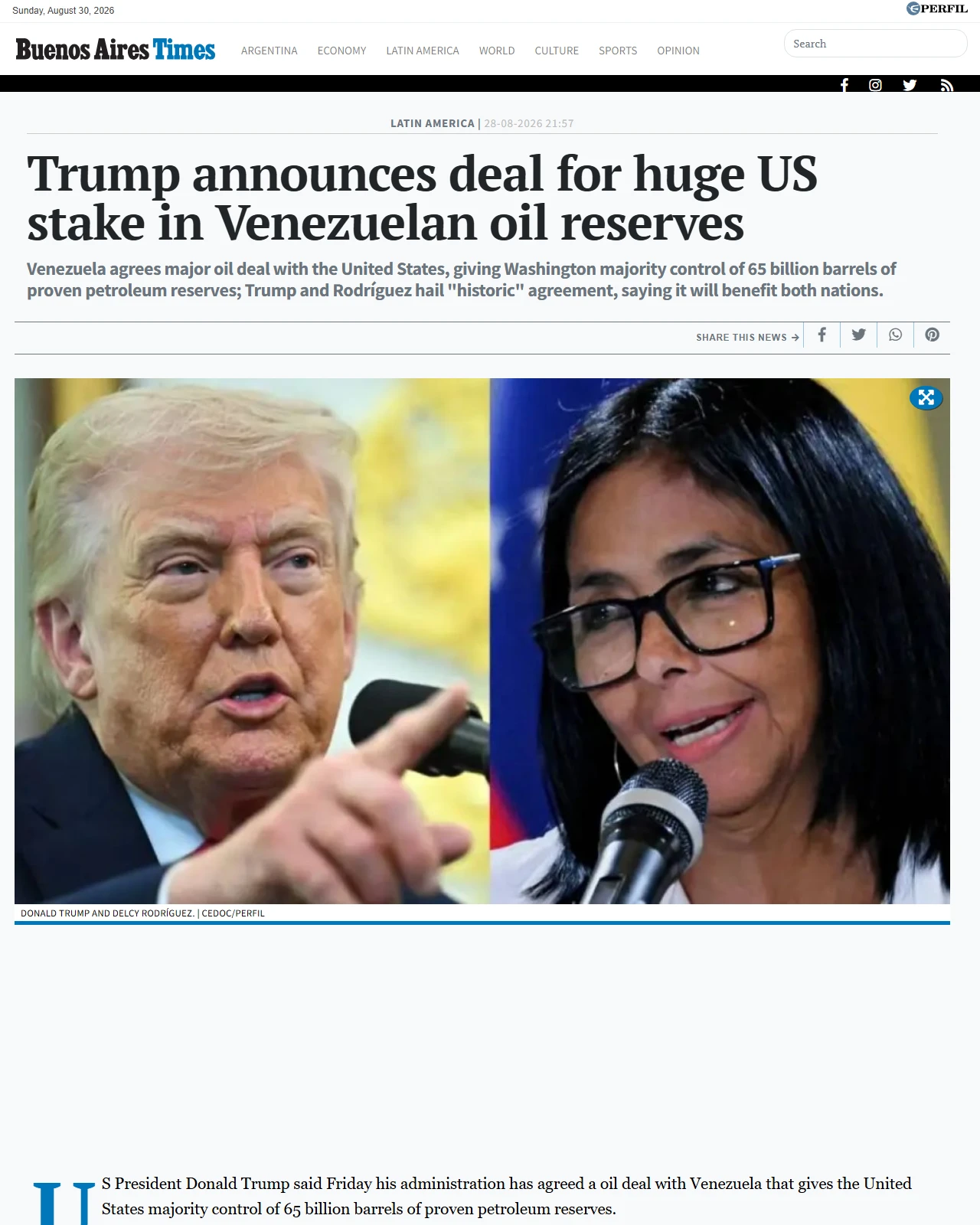 batimes.com.ar as published: Trump announces deal for huge US stake in Venezuelan oil reserves