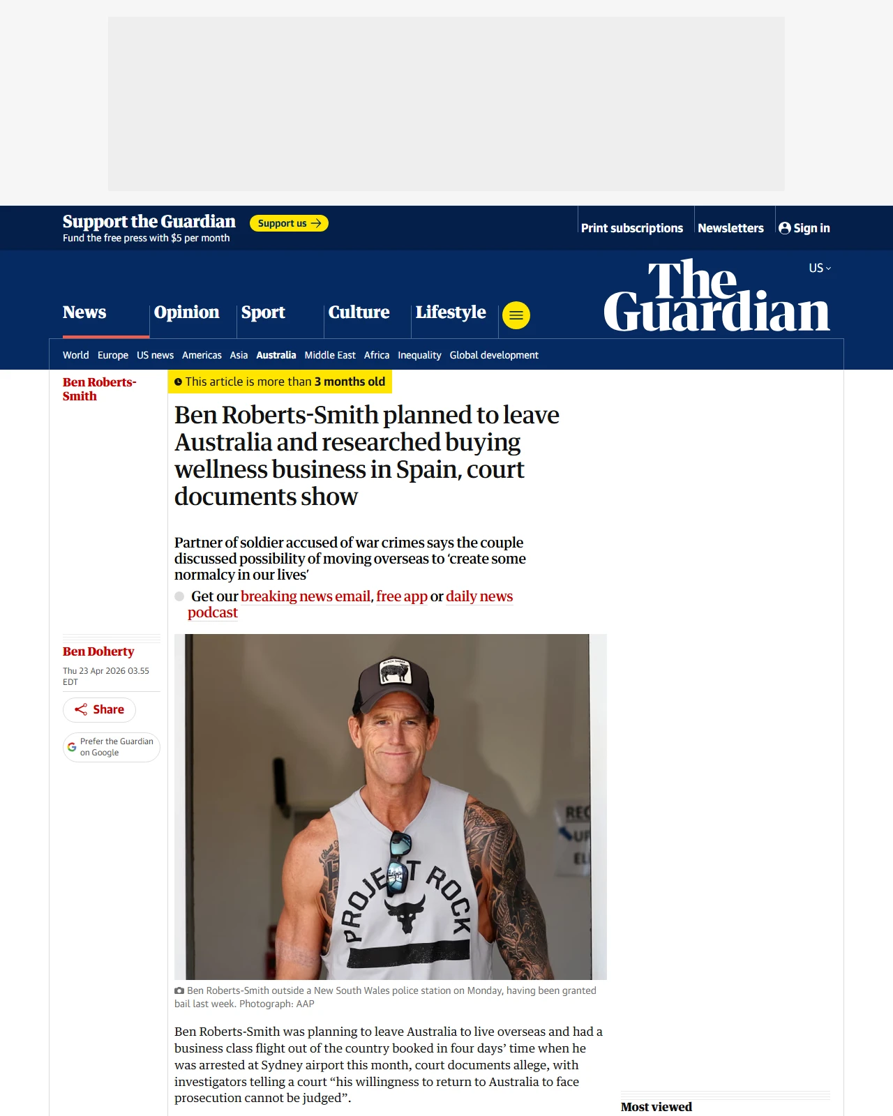 theguardian.com as published: Ben Roberts-Smith planned to leave Australia and researched buying wellness business in Spain, court documents show