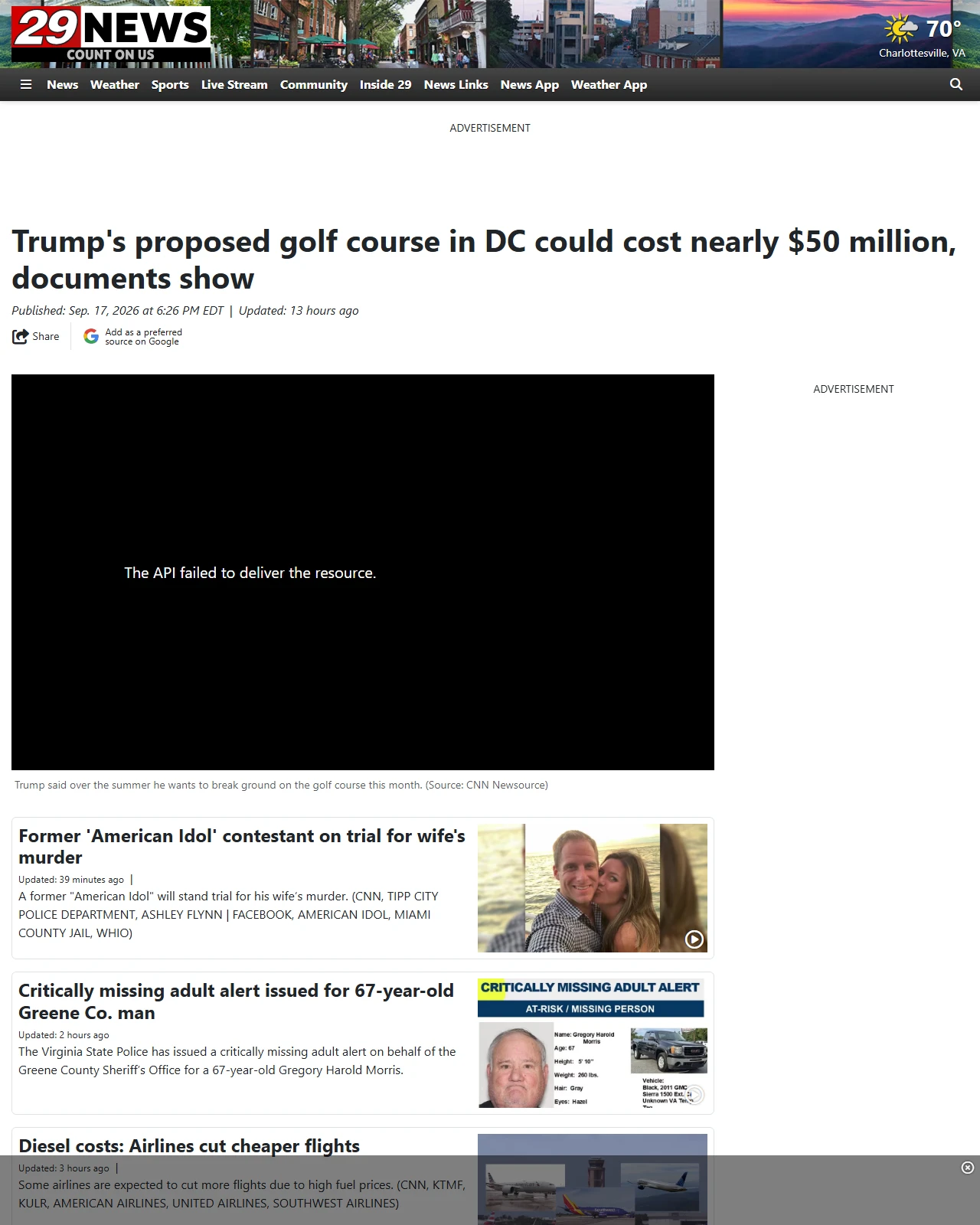 29news.com as published: Trump's proposed golf course in DC could cost nearly $50 million, documents show