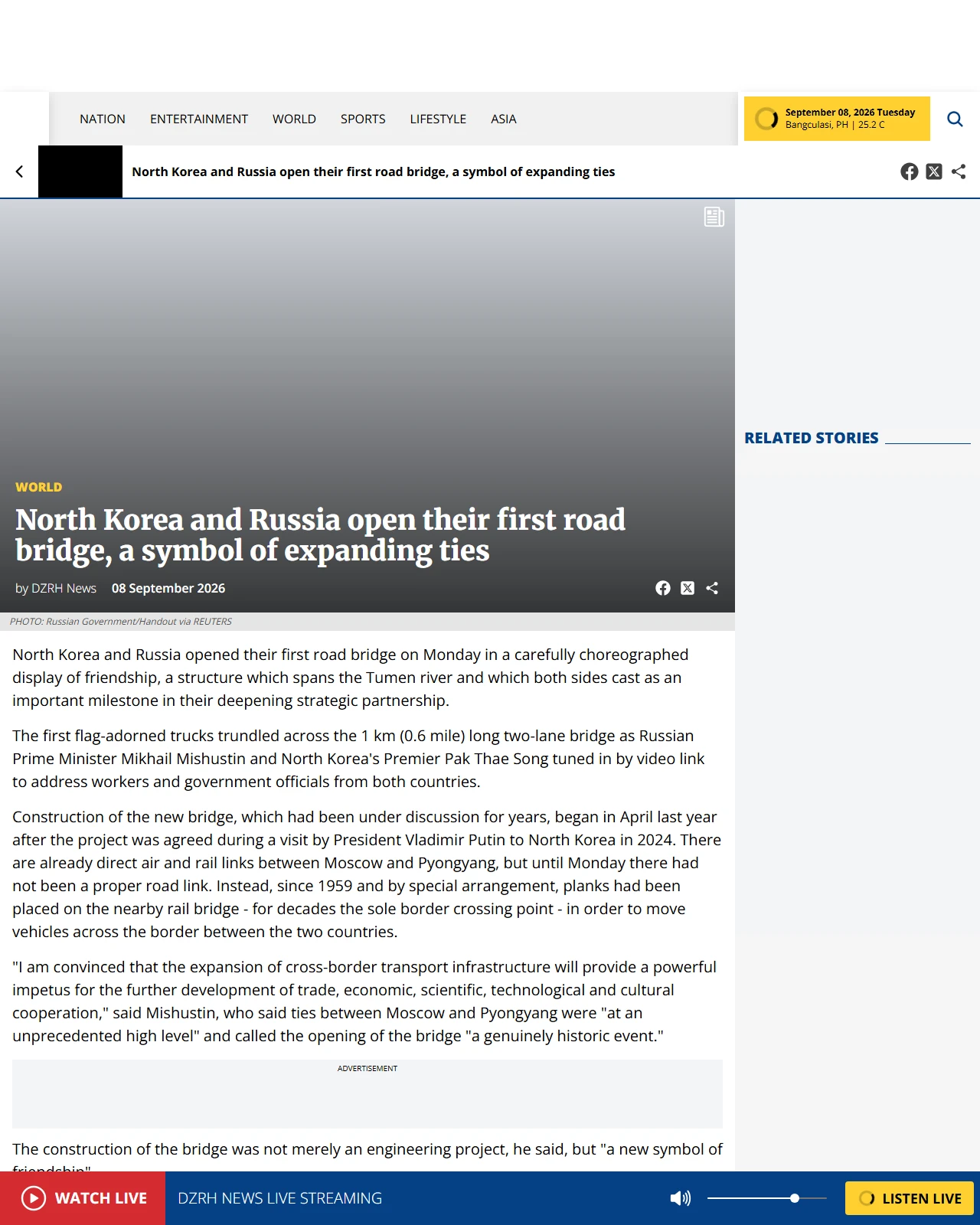 dzrh.com.ph as published: North Korea and Russia open their first road bridge, a symbol of expanding ties