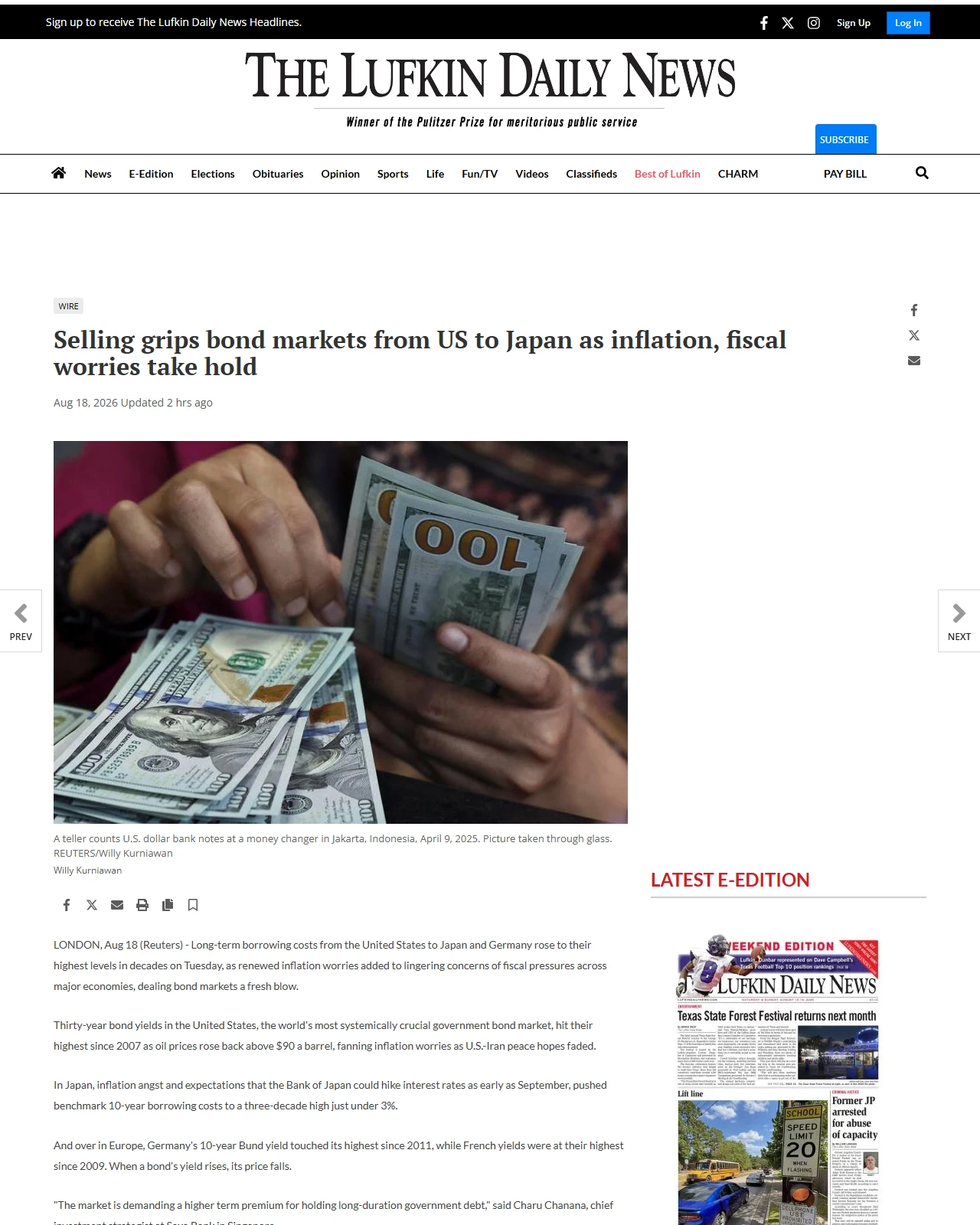 lufkindailynews.com as published: Selling grips bond markets from US to Japan as inflation, fiscal worries take hold