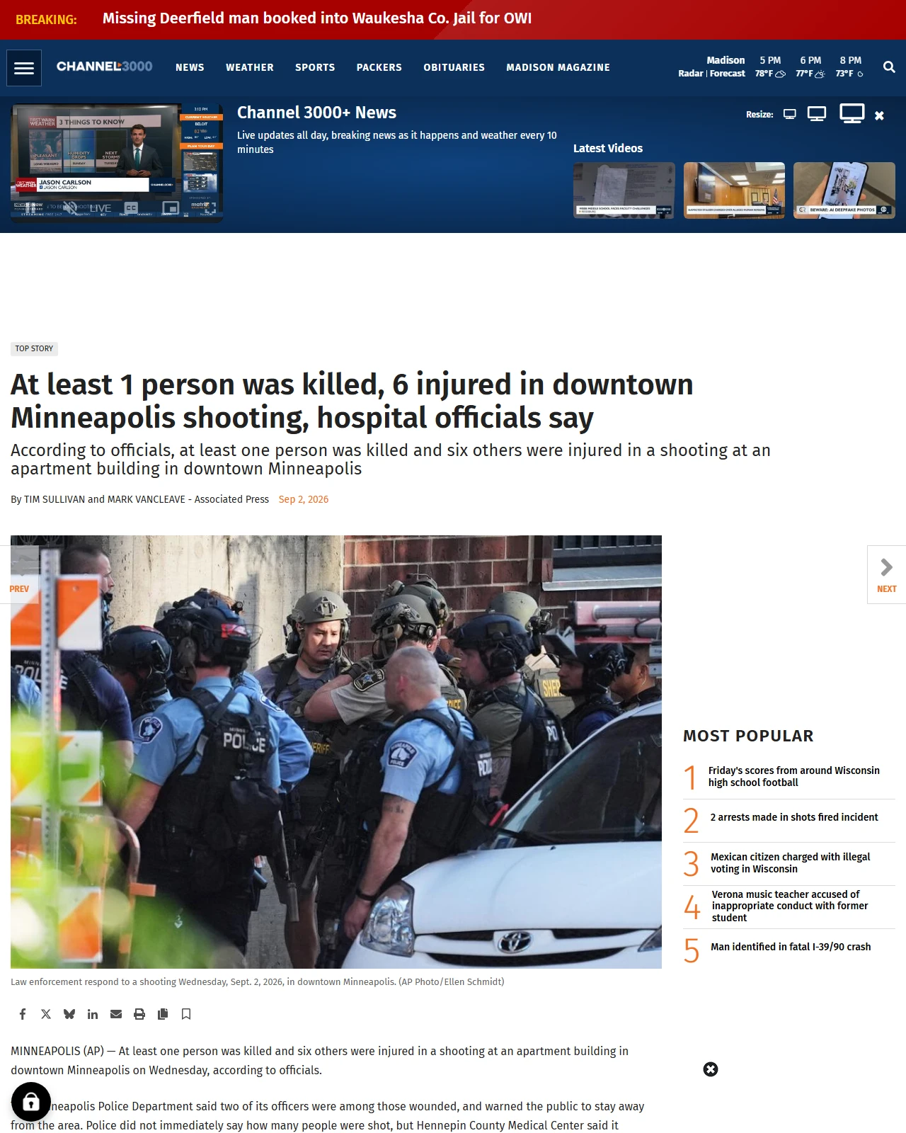 channel3000.com as published: At least 1 person was killed, 6 injured in downtown Minneapolis shooting, hospital officials say