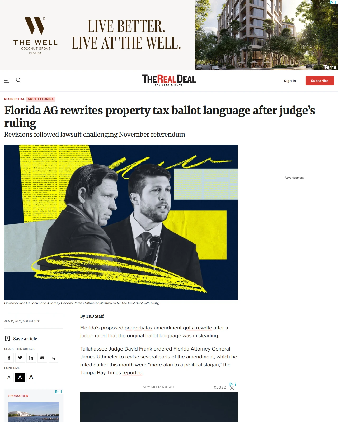 therealdeal.com as published: Florida AG rewrites property tax ballot language after judge’s ruling