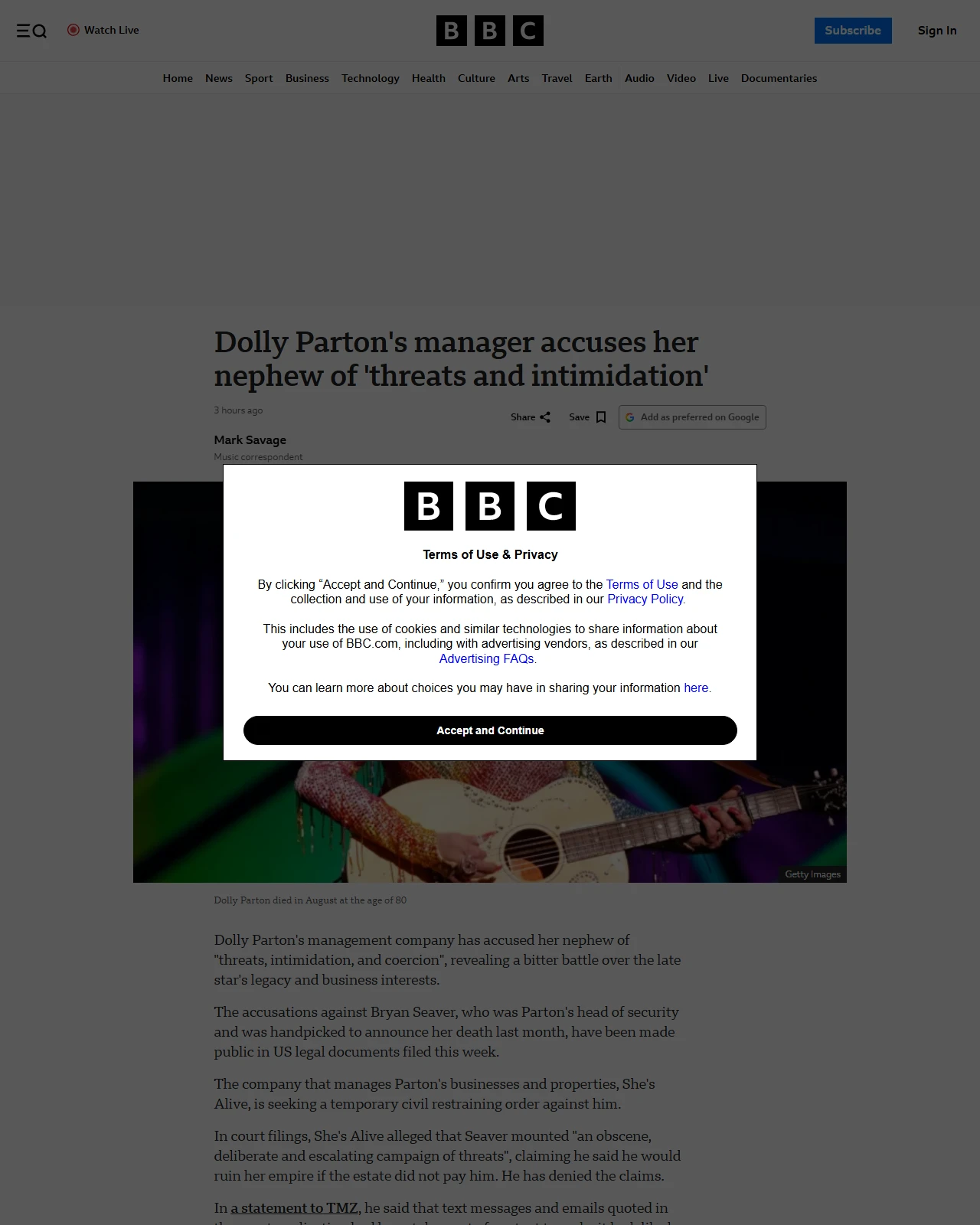bbc.co.uk as published: Dolly Parton's manager accuses her nephew of 'threats and intimidation'