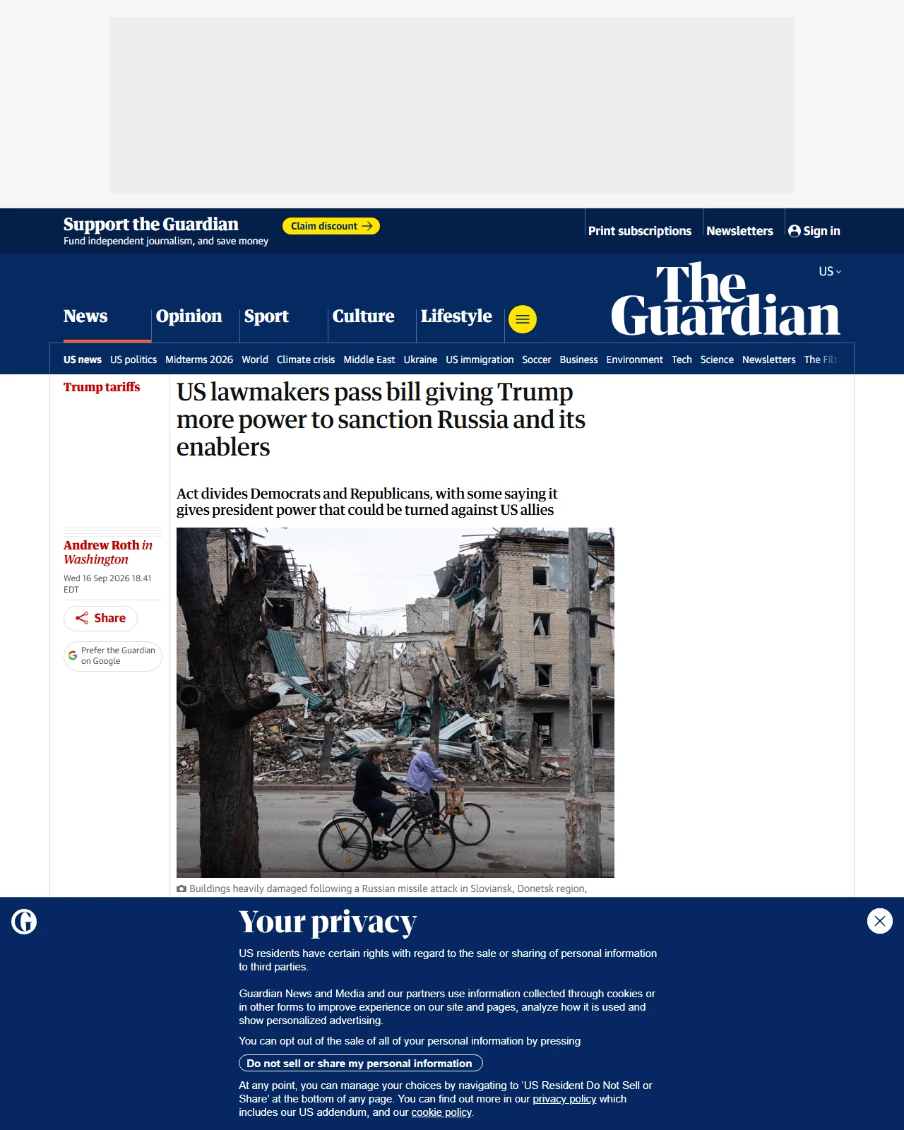 theguardian.com as published: US lawmakers pass bill giving Trump more power to sanction Russia and its enablers