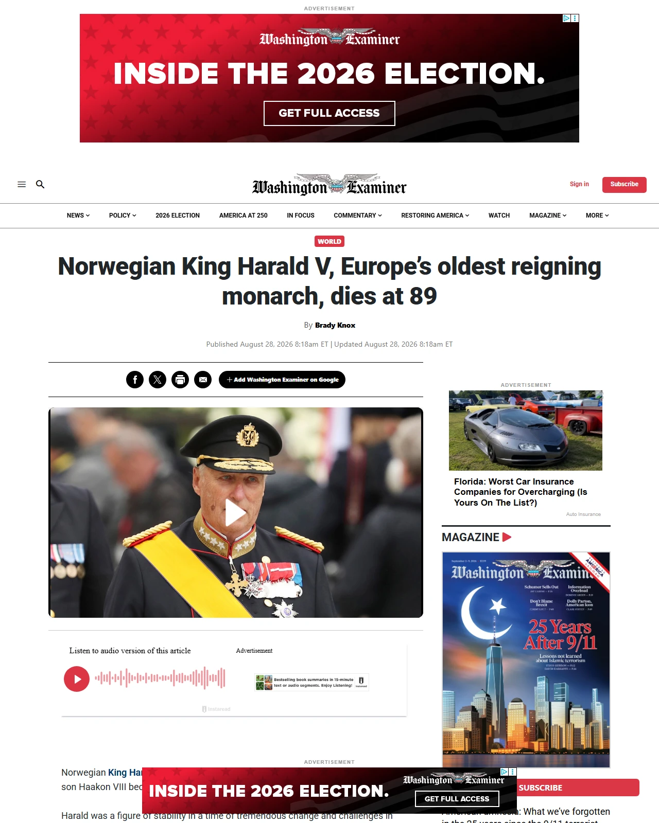 washingtonexaminer.com as published: Norwegian King Harald V, Europe’s oldest reigning monarch, dies at 89