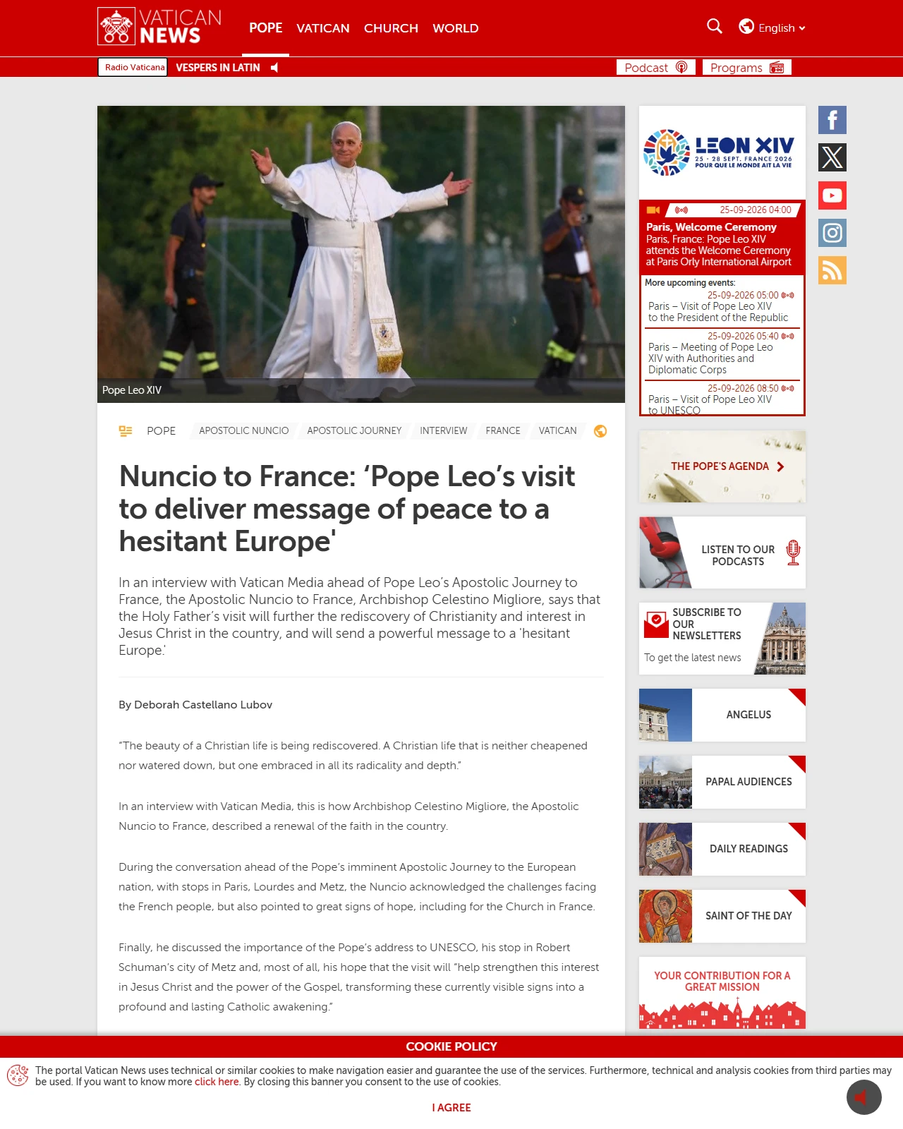 vaticannews.va as published: Nuncio to France: ‘Pope Leo’s visit to deliver message of peace to a hesitant Europe'