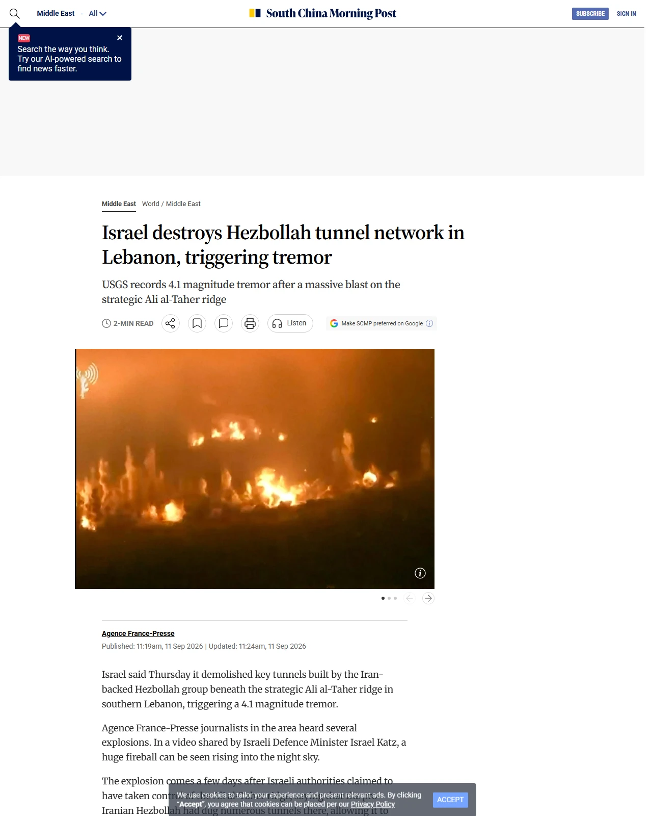 scmp.com as published: Israel destroys Hezbollah tunnel network in Lebanon, triggering tremor