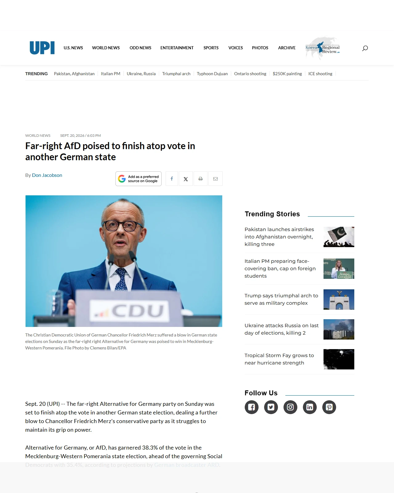 upi.com as published: Far-right AfD poised to finish atop vote in another German state