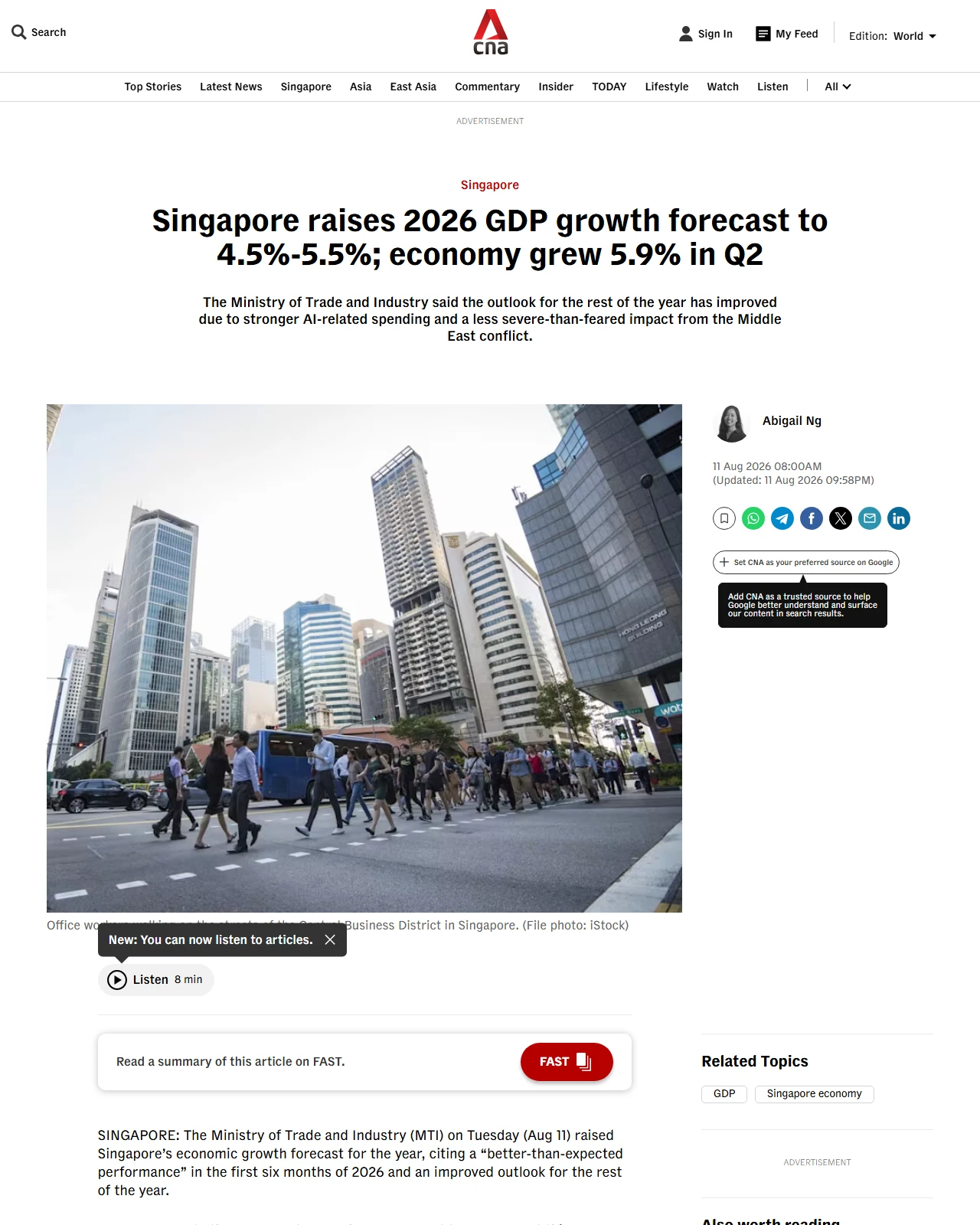 channelnewsasia.com as published: Singapore raises 2026 GDP growth forecast to 4.5%-5.5%; economy grew 5.9% in Q2