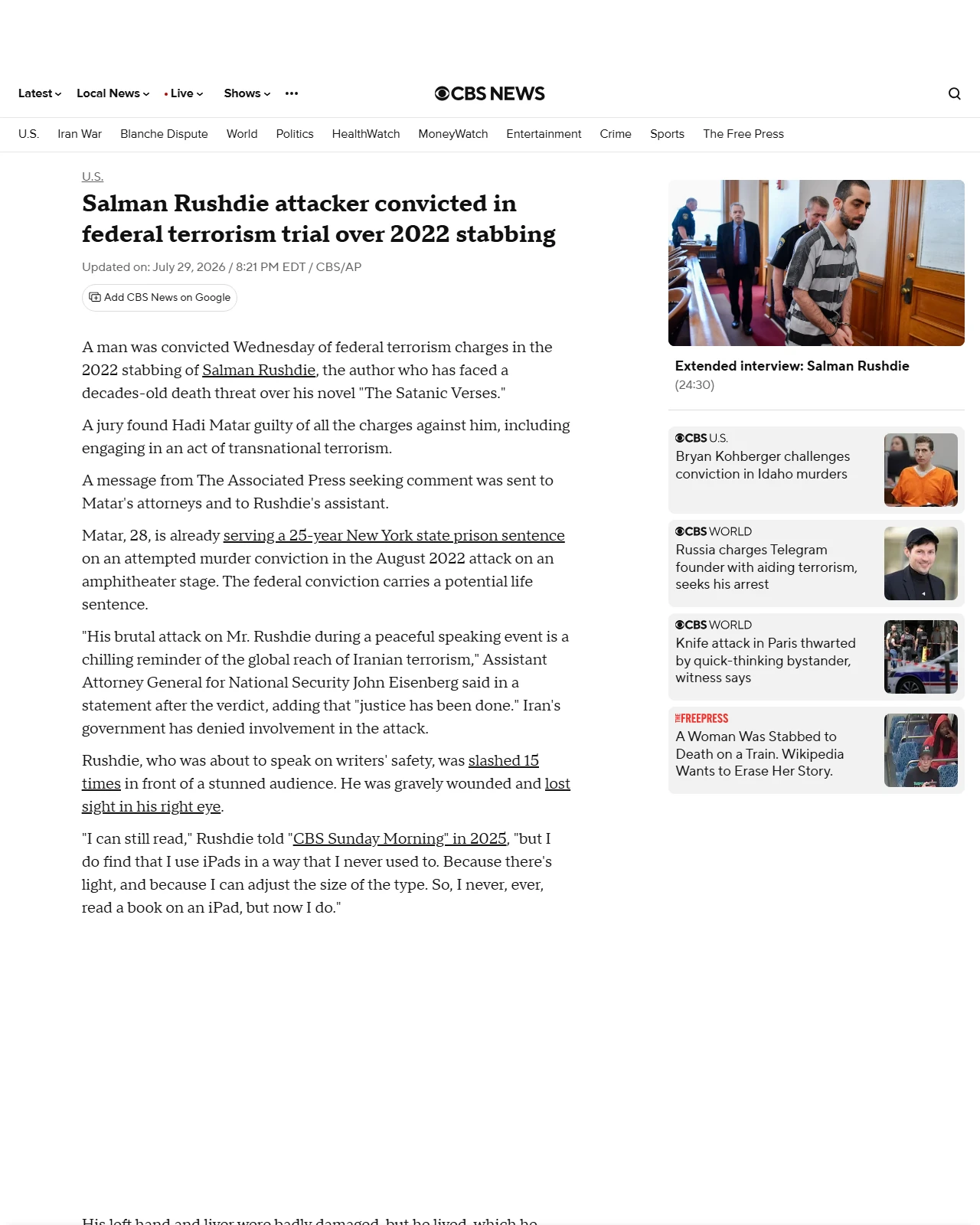 cbsnews.com as published: Salman Rushdie attacker convicted in federal terrorism trial over 2022 stabbing