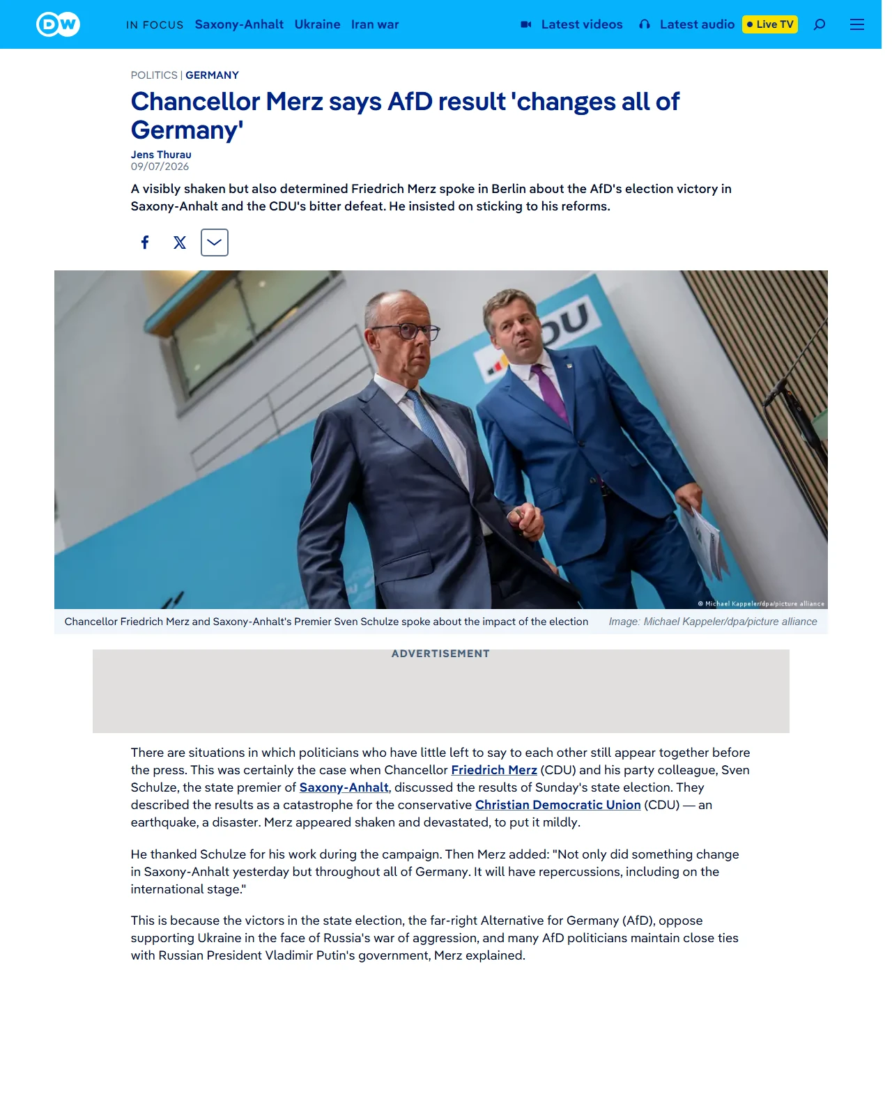 dw.com as published: Chancellor Merz says AfD result 'changes all of Germany'