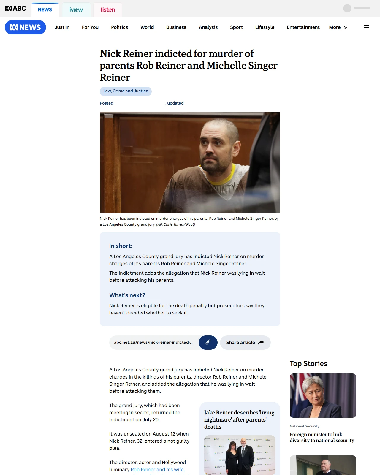 abc.net.au as published: Nick Reiner could face death penalty if convicted of murdering parents - ABC News & Headlines – Australian Broadcasting Corporation