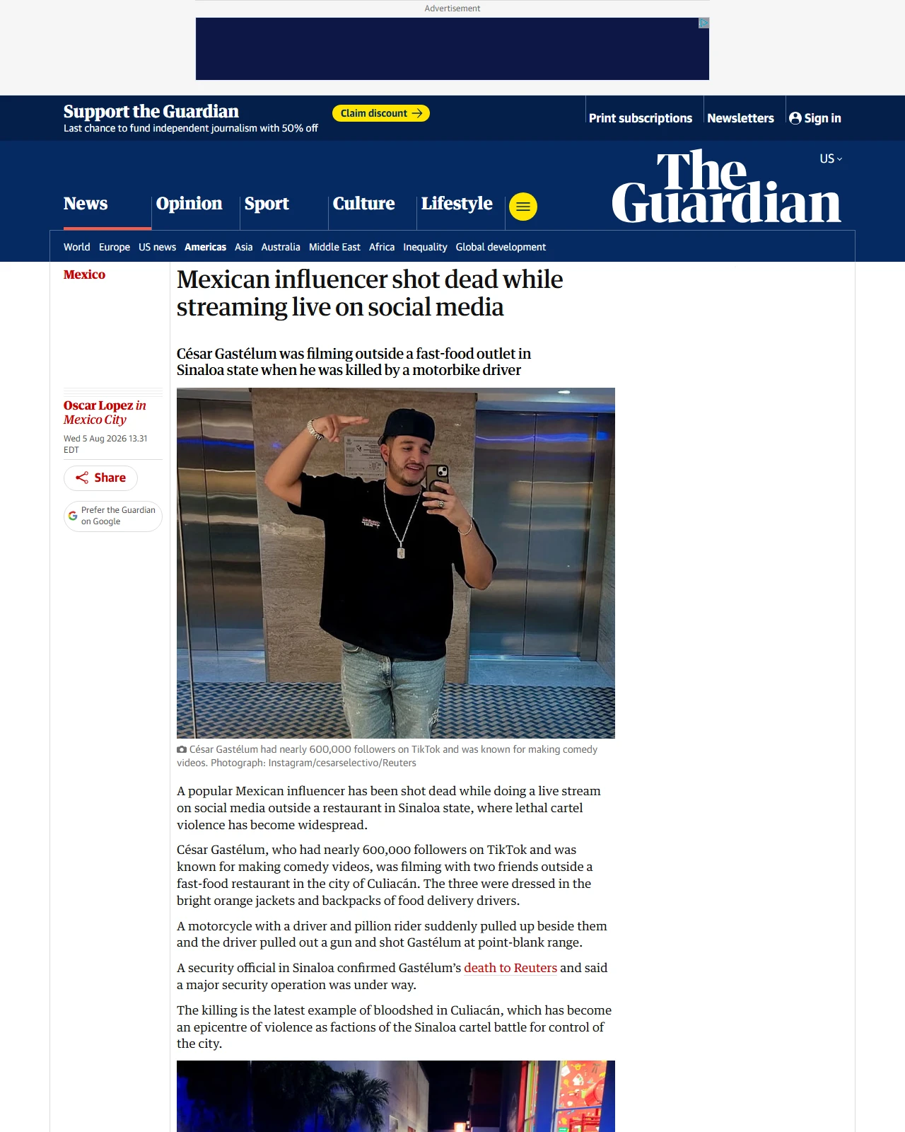 theguardian.com as published: Mexican influencer shot dead while streaming live on social media