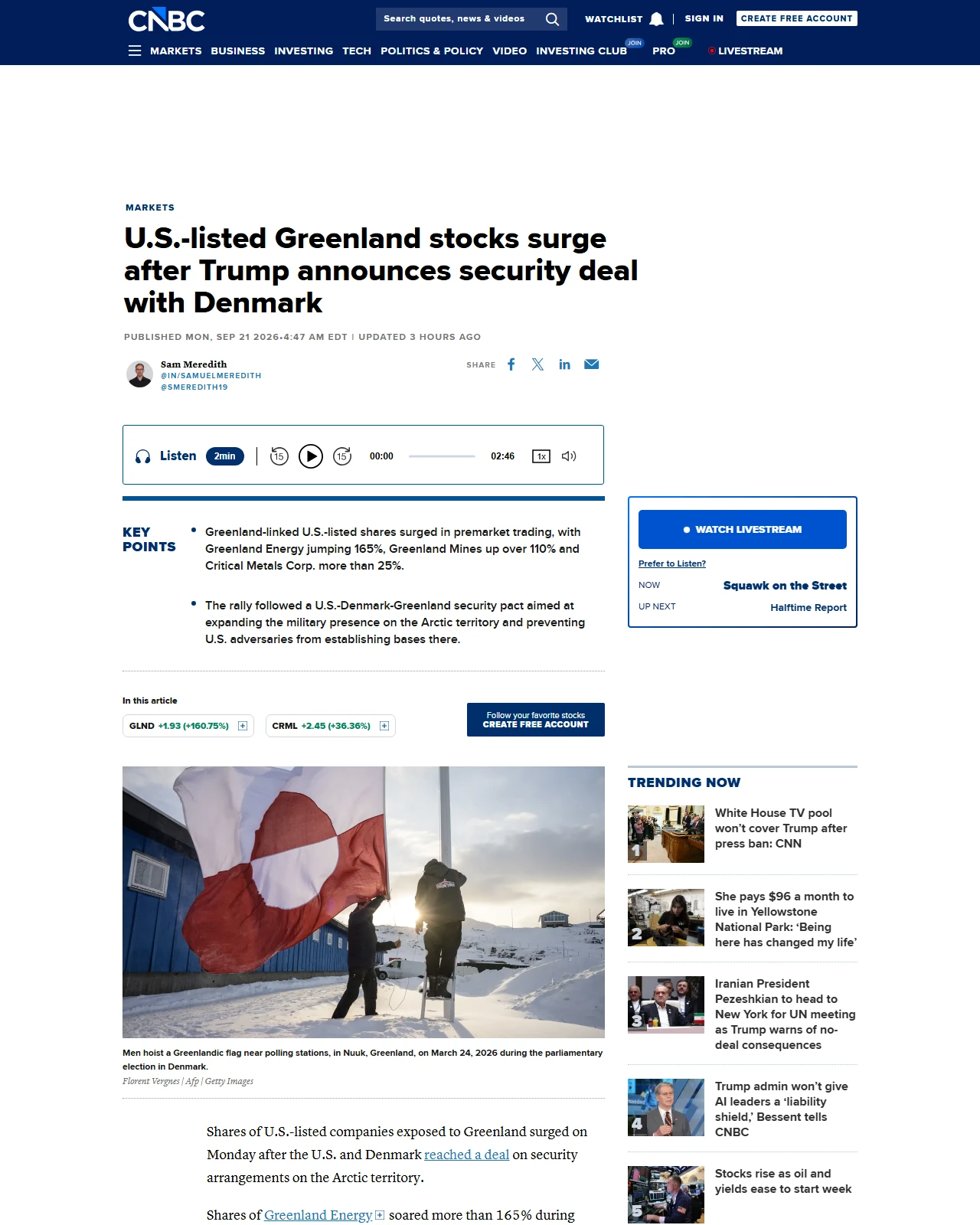 cnbc.com as published: U.S.-listed Greenland stocks surge after Trump announces security deal with Denmark