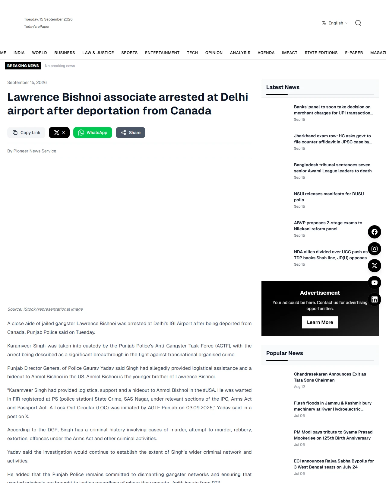 dailypioneer.com as published: Lawrence Bishnoi aide arrested at Delhi airport after Canada deportation
