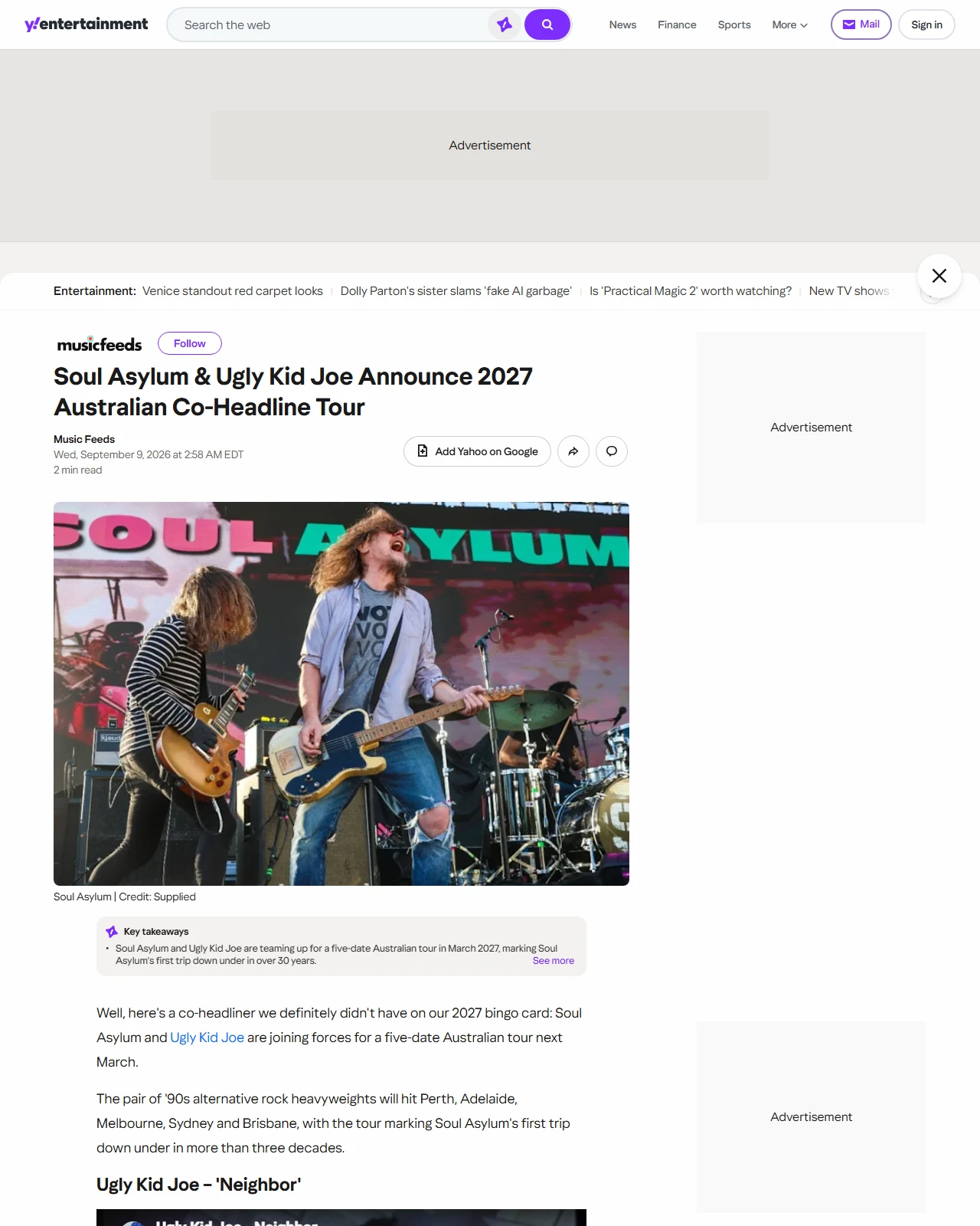yahoo.com as published: Soul Asylum & Ugly Kid Joe Announce 2027 Australian Co-Headline Tour