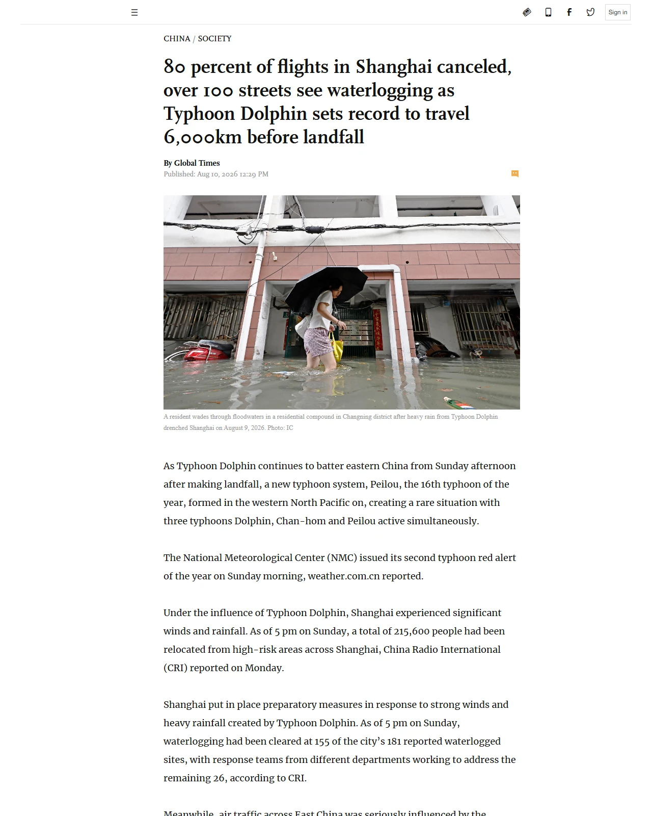 globaltimes.cn as published: 80 percent of flights in Shanghai canceled, over 100 streets see waterlogging as Typhoon Dolphin sets record to travel 6,000km before landfall