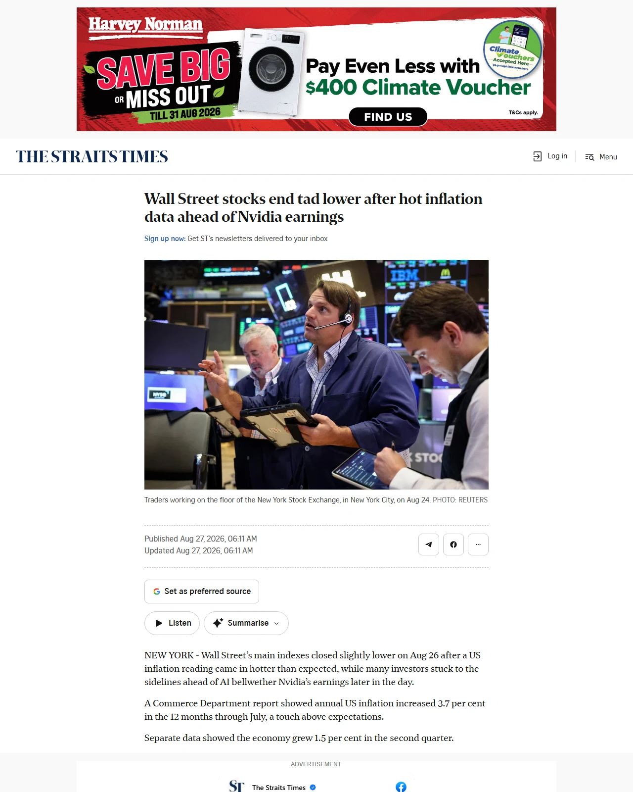 straitstimes.com as published: Wall Street stocks end tad lower after hot inflation data ahead of Nvidia earnings