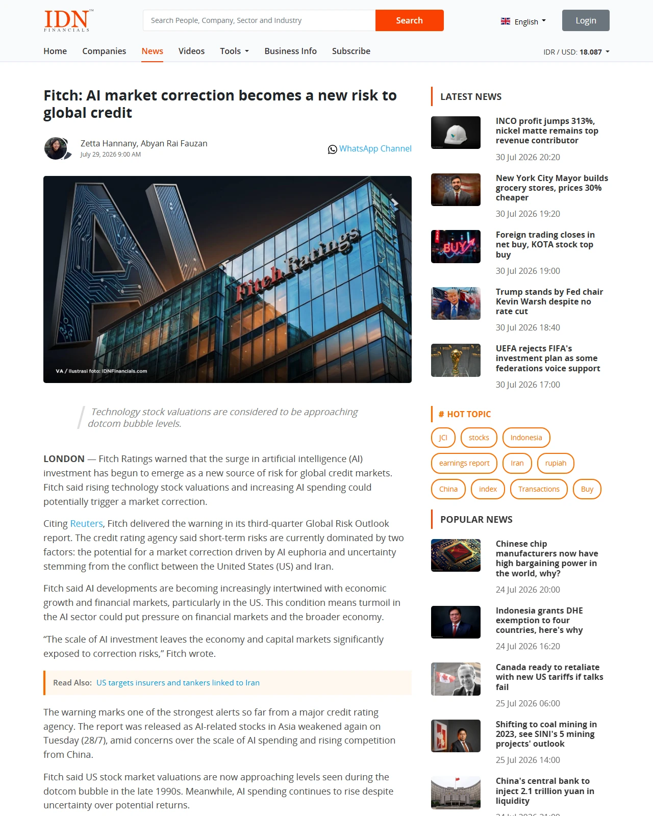 idnfinancials.com as published: Fitch: AI market correction becomes a new risk to global credit