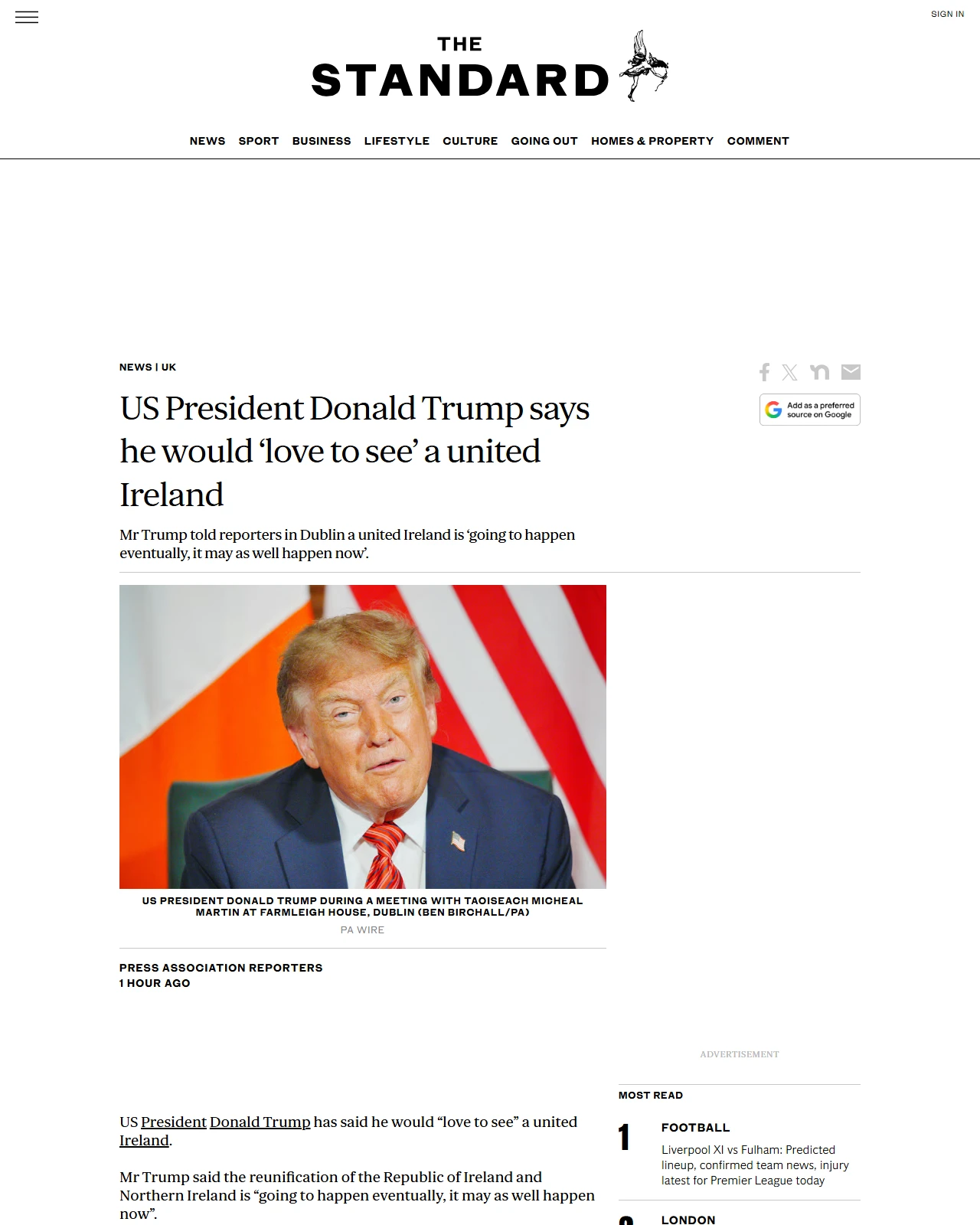standard.co.uk as published: US President Donald Trump says he would ‘love to see’ a united Ireland