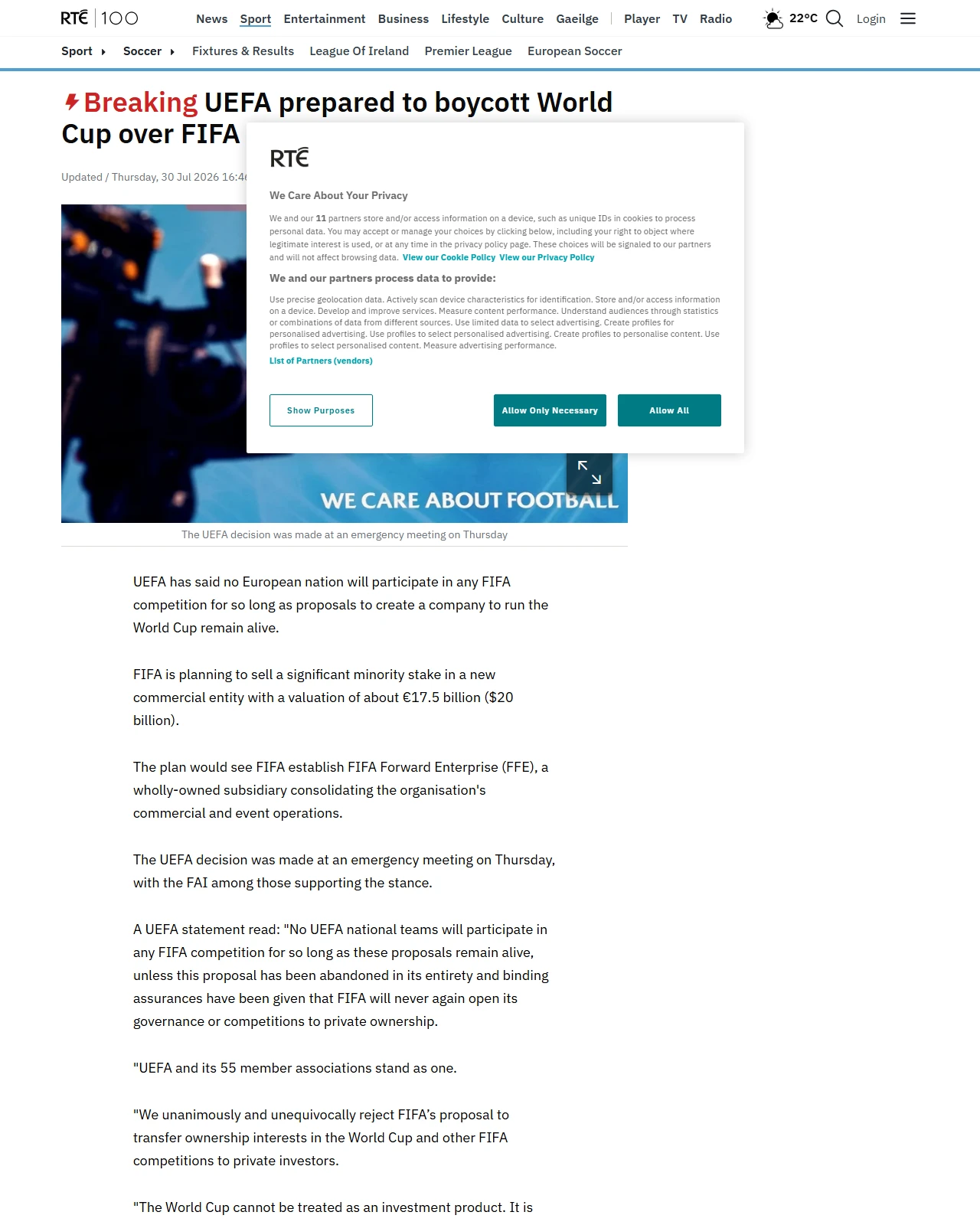 rte.ie as published: UEFA prepared to boycott World Cup over FIFA plans