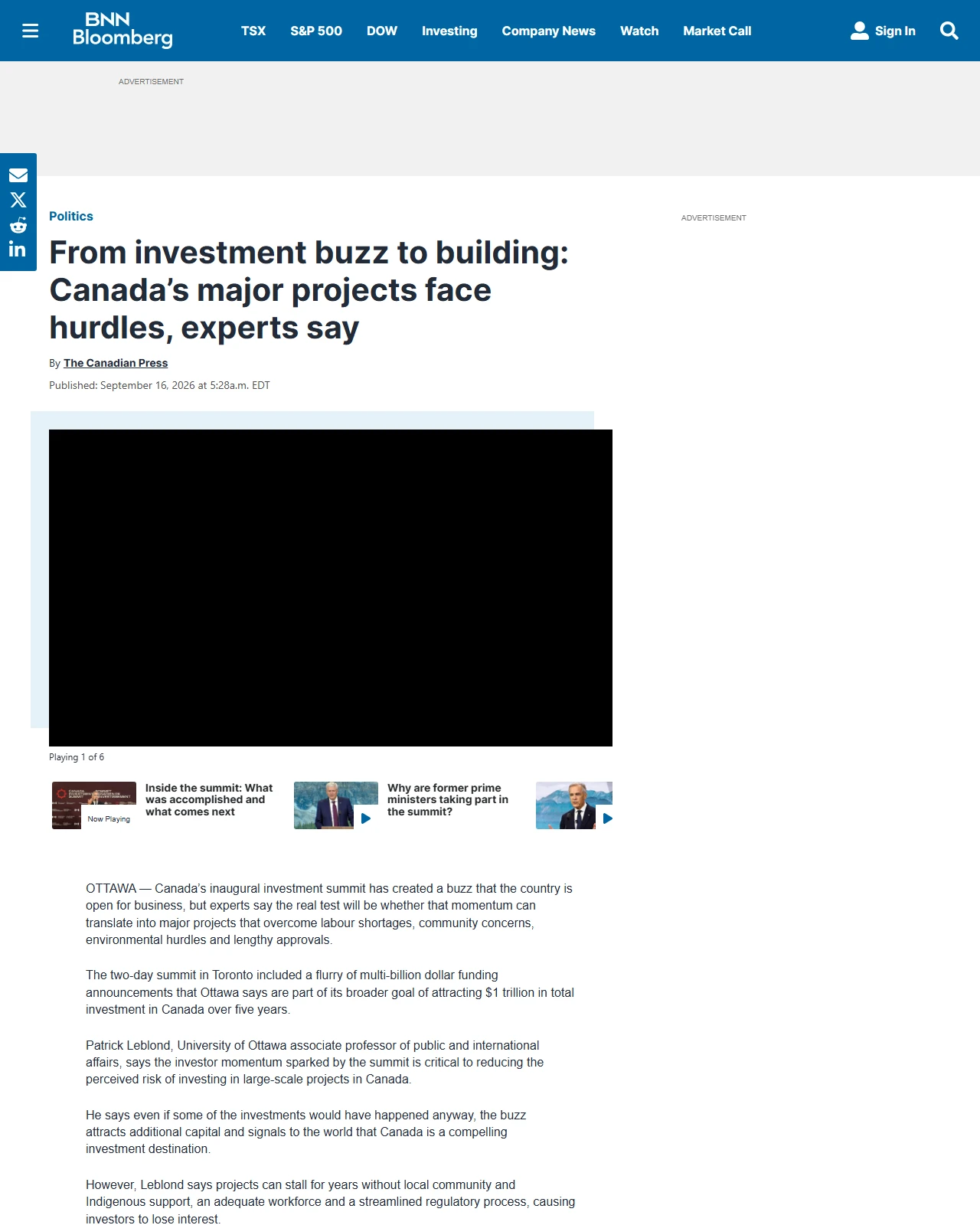 bnnbloomberg.ca as published: From investment buzz to building: Canada’s major projects face hurdles, experts say