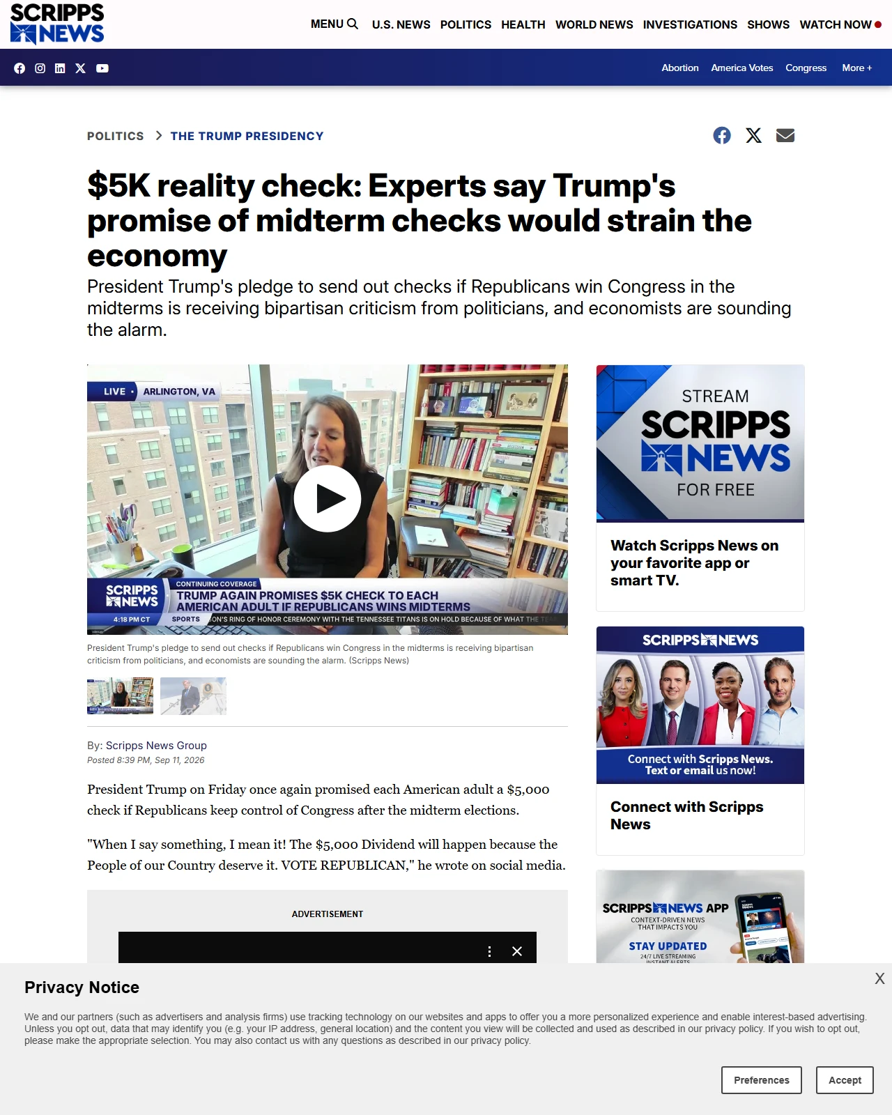 scrippsnews.com as published: $5K reality check: Experts say Trump's promise of midterm checks would strain the economy