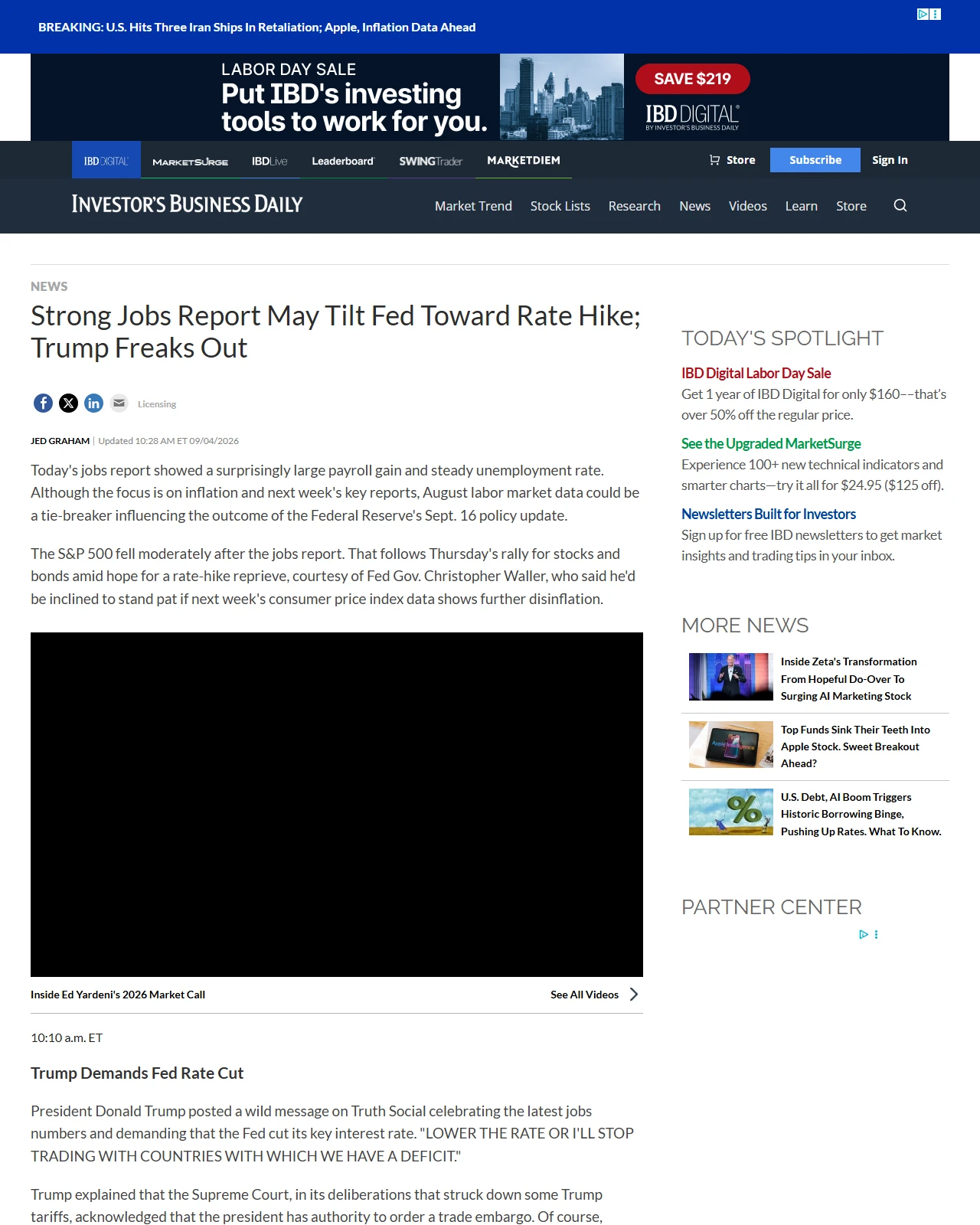 investors.com as published: Strong Jobs Report May Tilt Fed Toward Rate Hike; Trump Freaks Out