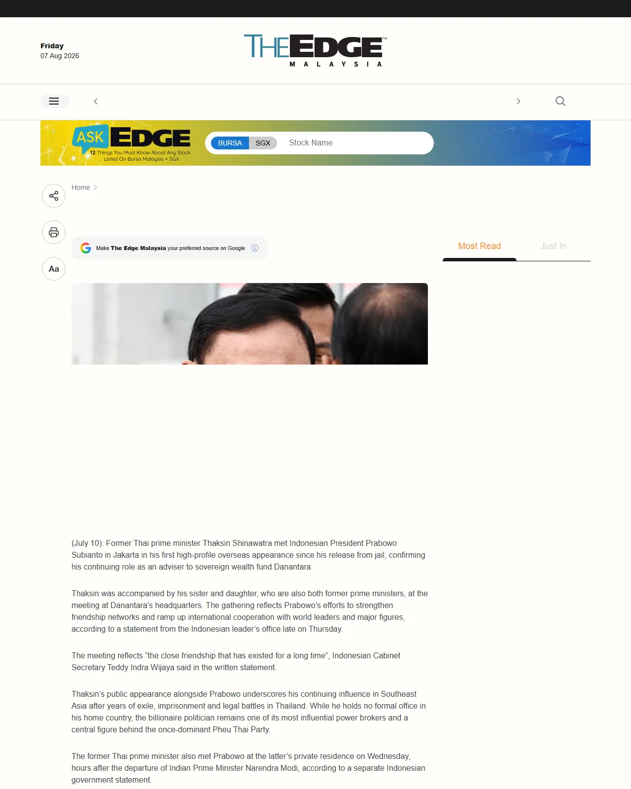 theedgemalaysia.com as published: Indonesia’s Prabowo hosts ex-Thai PM Thaksin for Danantara talks