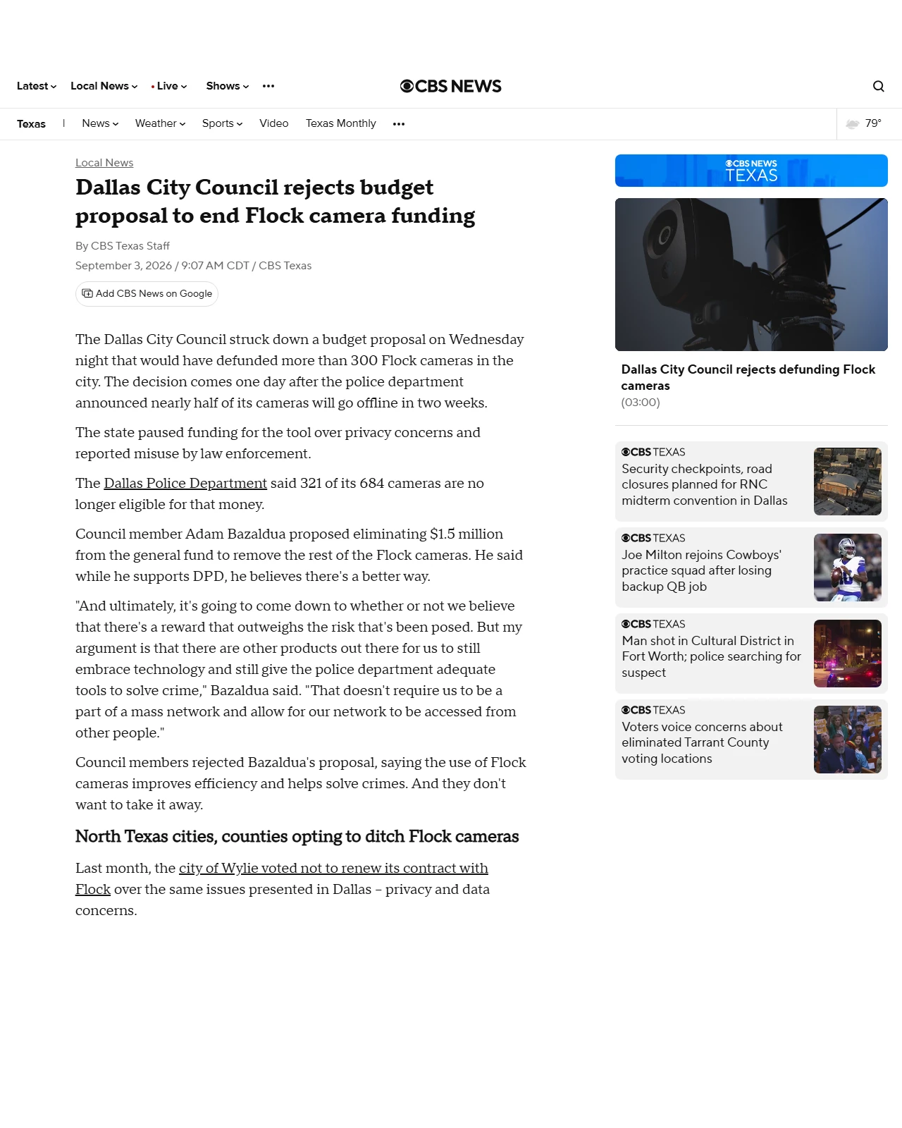 cbsnews.com as published: Dallas City Council rejects budget proposal to end Flock camera funding