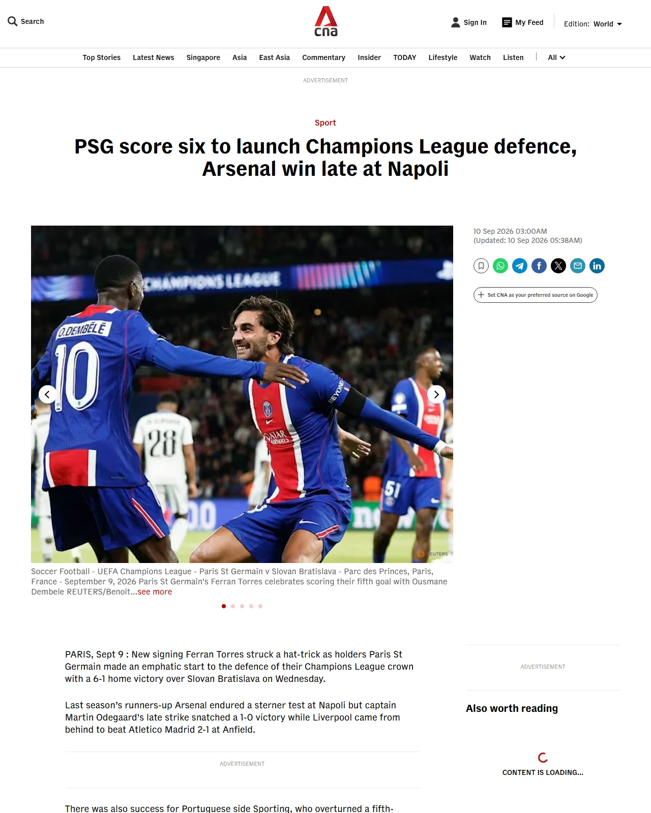 channelnewsasia.com as published: PSG score six to launch Champions League defence, Arsenal win late at Napoli