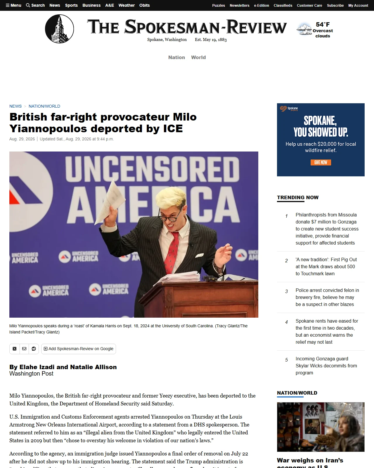 spokesman.com as published: British far-right provocateur Milo Yiannopoulos deported by ICE - The Spokesman-Review