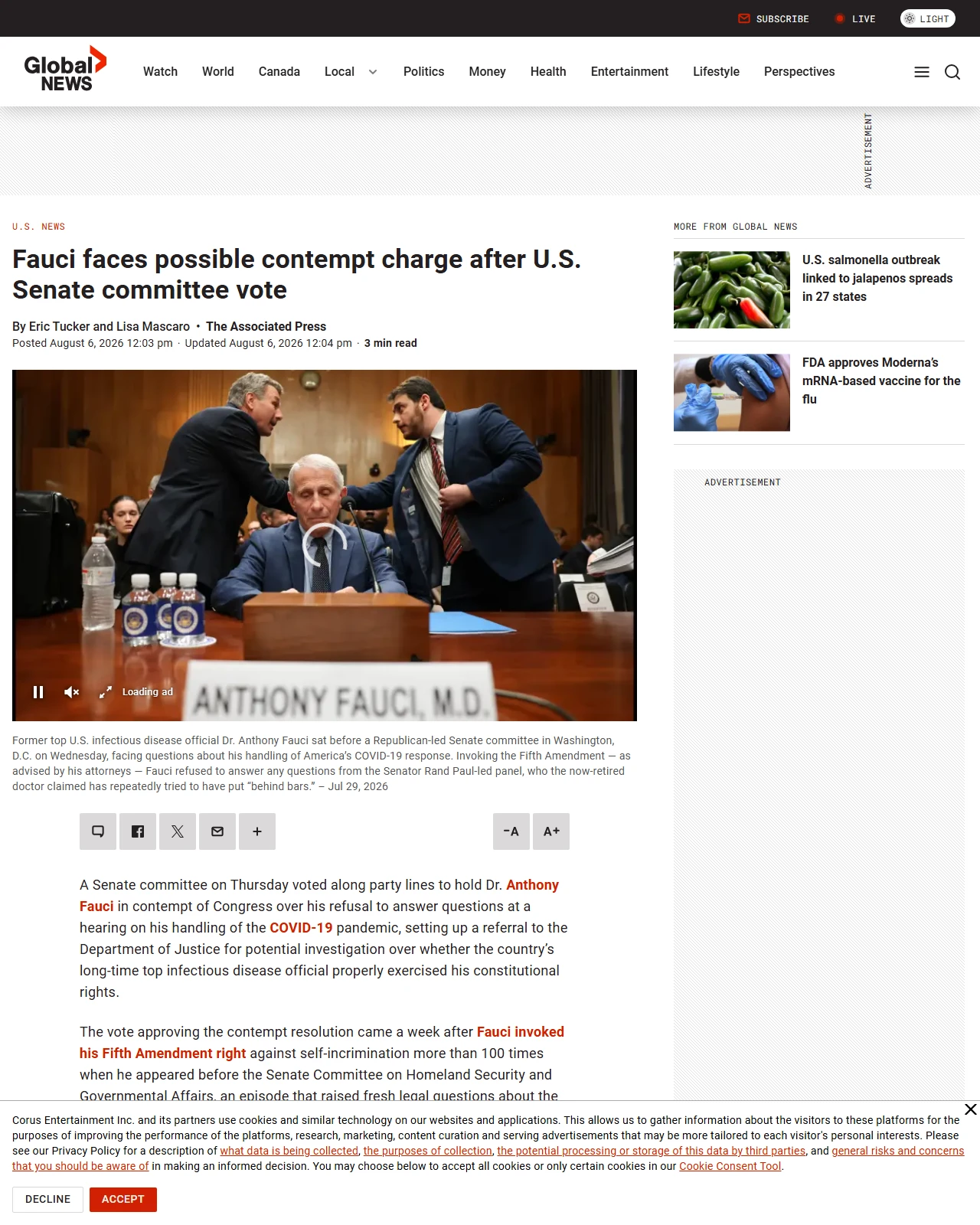 globalnews.ca as published: Fauci faces possible contempt charge after U.S. Senate committee vote