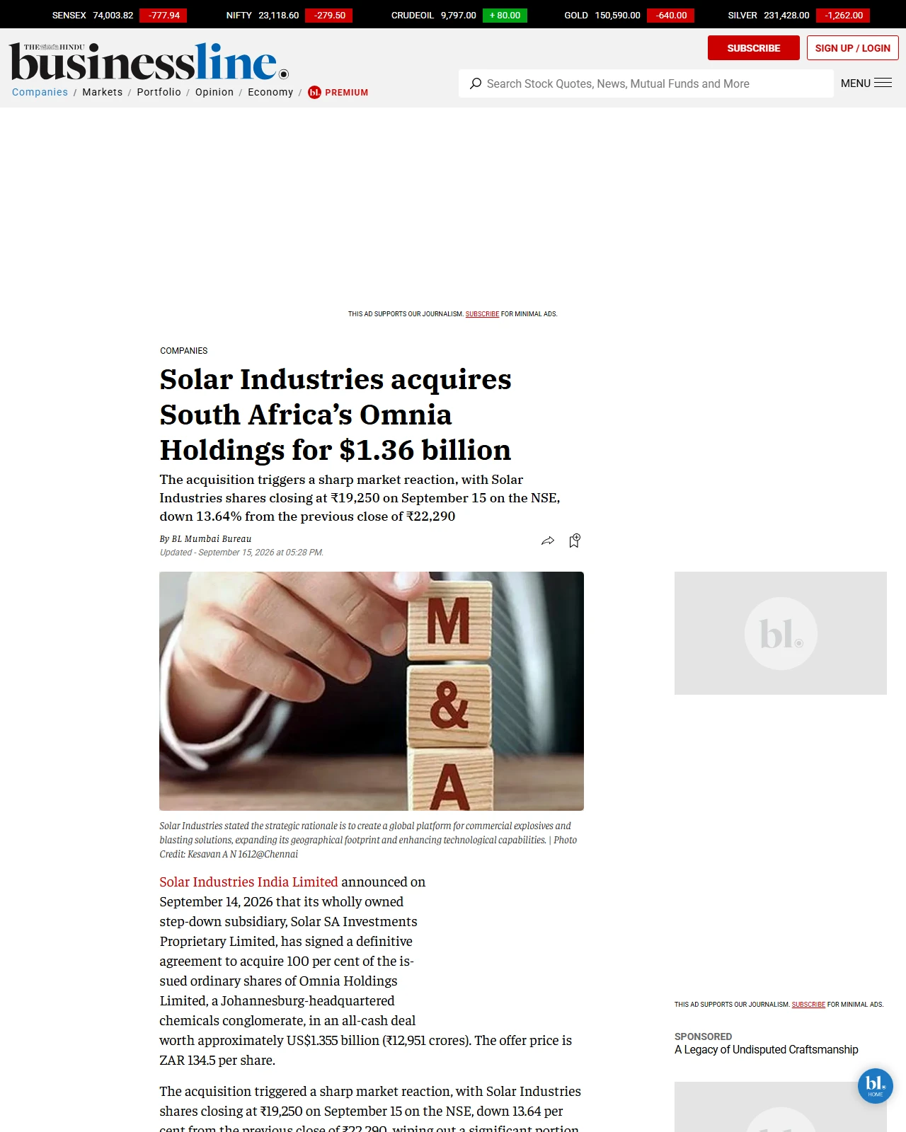 thehindubusinessline.com as published: Solar Industries acquires South Africa’s Omnia Holdings for $1.36 billion