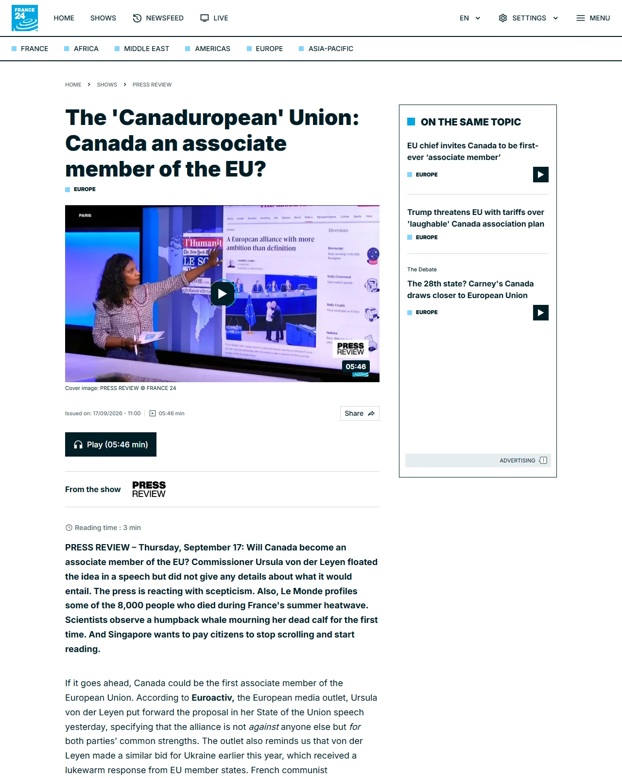 france24.com as published: The 'Canaduropean' Union: Canada an associate member of the EU?