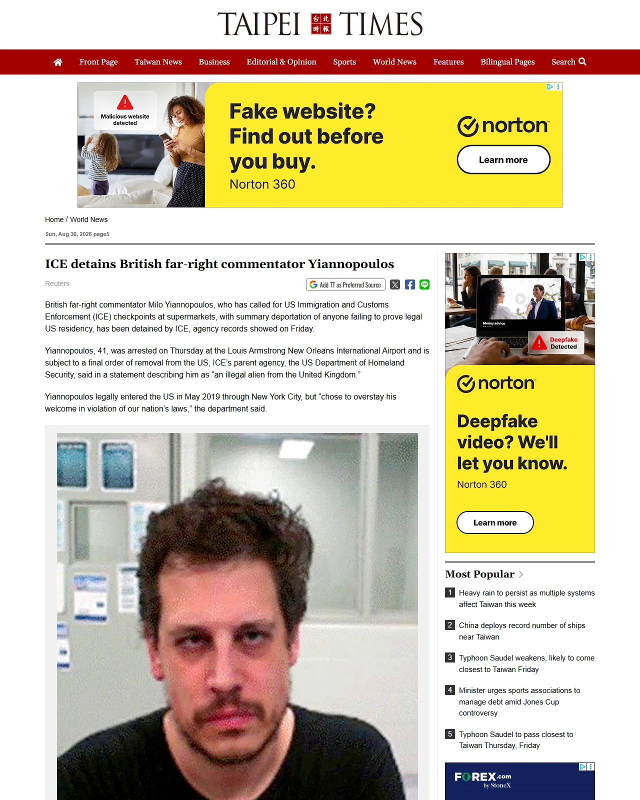 taipeitimes.com as published: ICE detains British far-right commentator Yiannopoulos