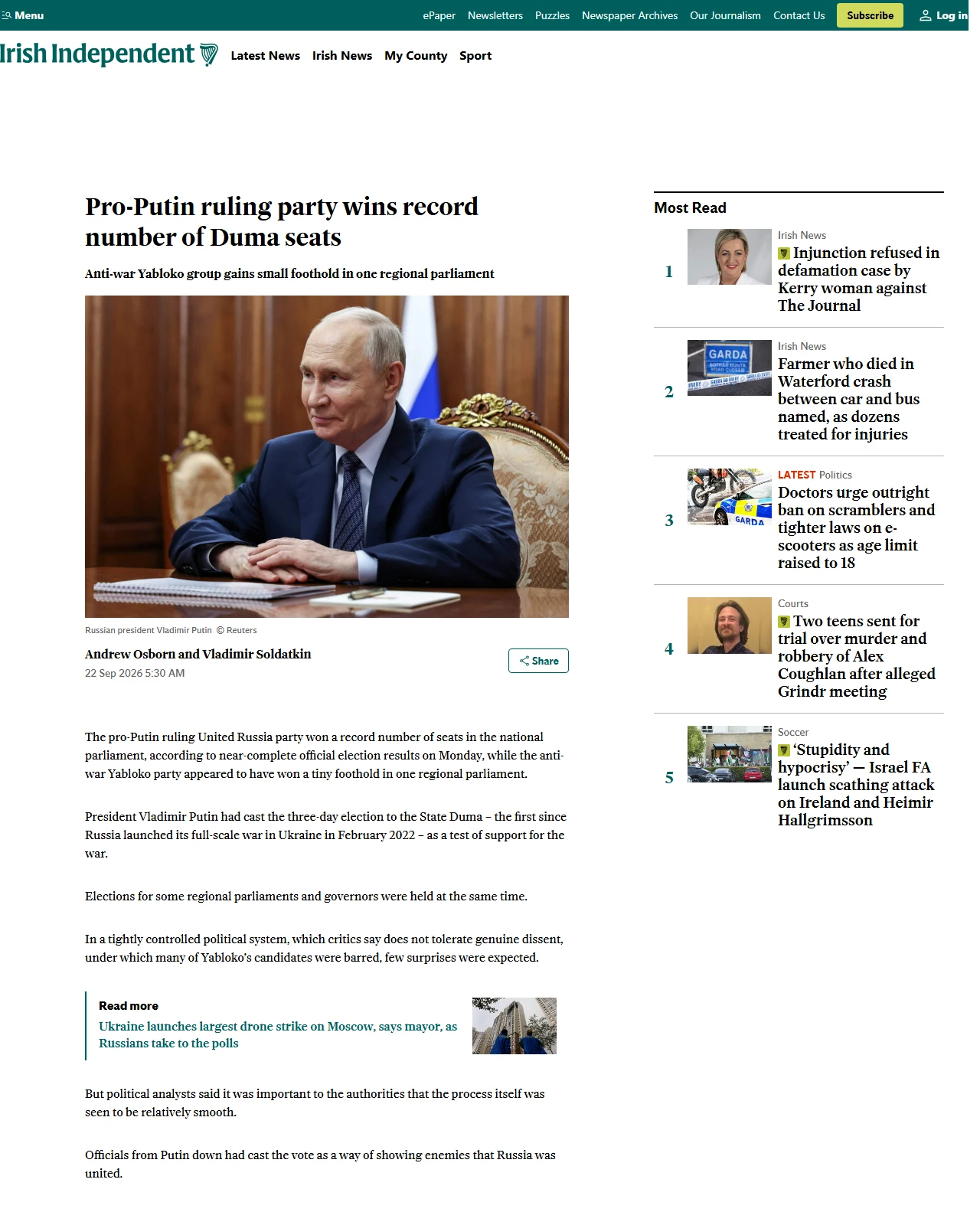 independent.ie as published: Pro-Putin ruling party wins record number of Duma seats