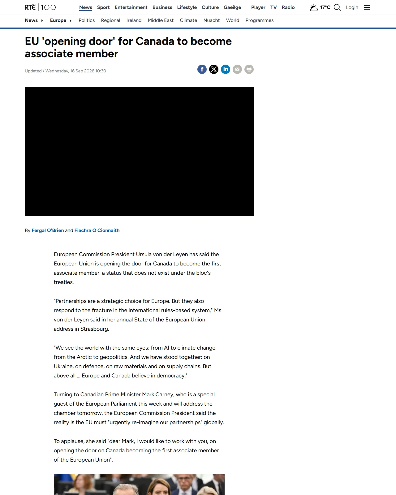 rte.ie as published: EU 'opening door' for Canada to become associate member