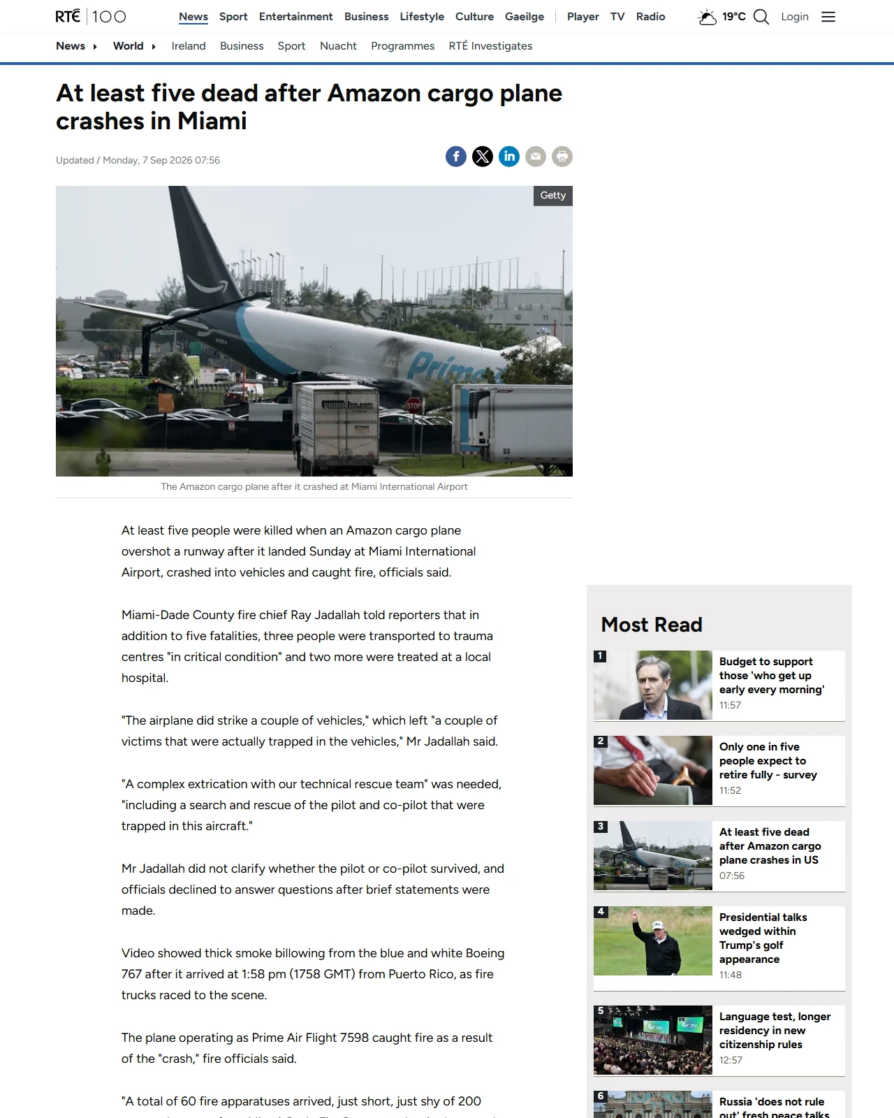 rte.ie as published: At least five dead after Amazon cargo plane crashes in US