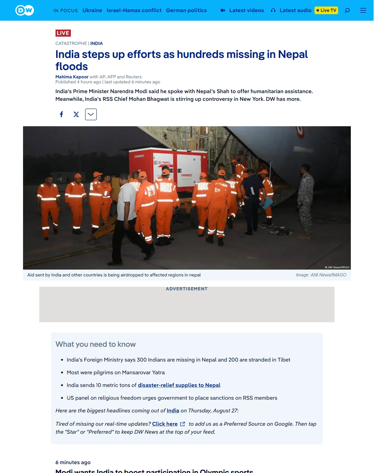 dw.com as published: India news: India steps up efforts as hundreds missing in Nepal floods