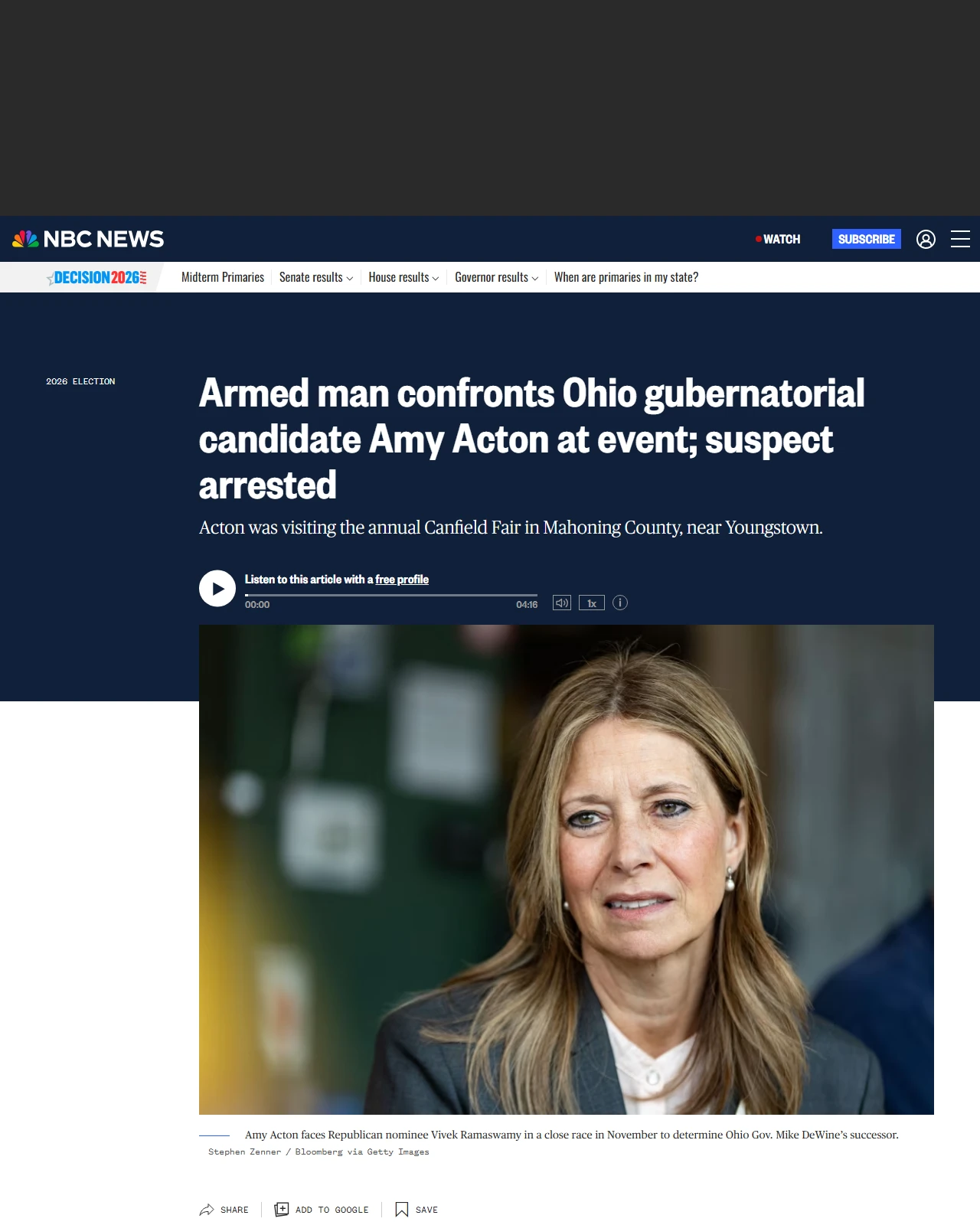 nbcnews.com as published: Armed man confronts Ohio gubernatorial candidate Amy Acton at event; suspect arrested
