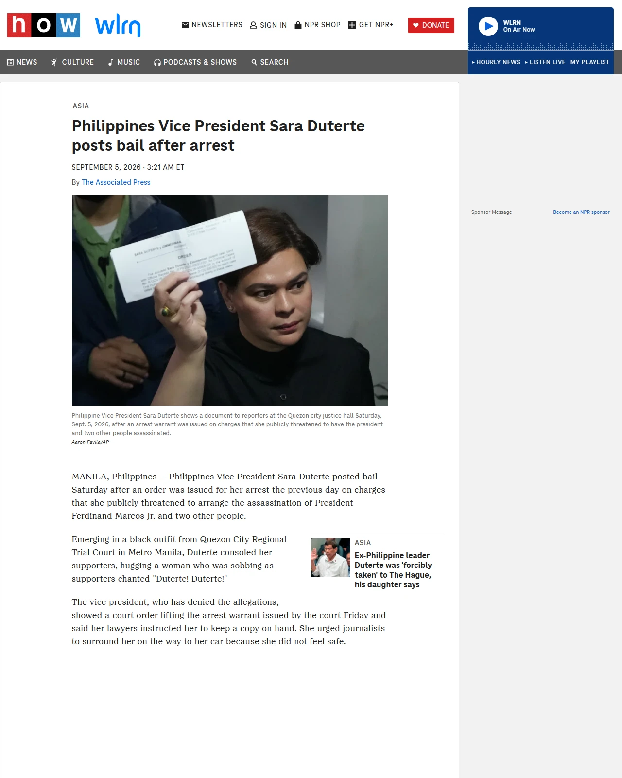 npr.org as published: Philippines Vice President Sara Duterte posts bail after arrest