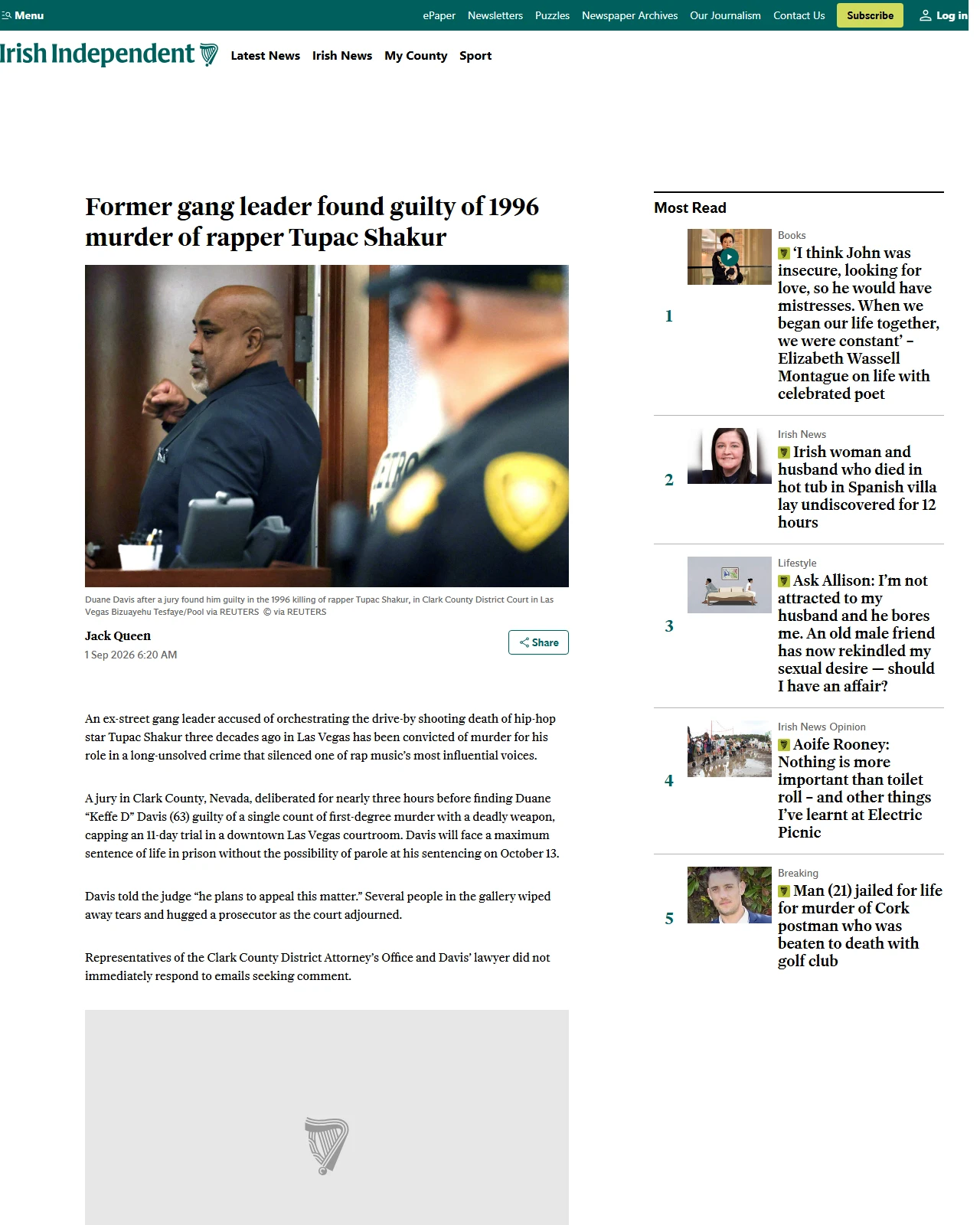 independent.ie as published: Former gang leader found guilty of 1996 murder of rapper Tupac Shakur