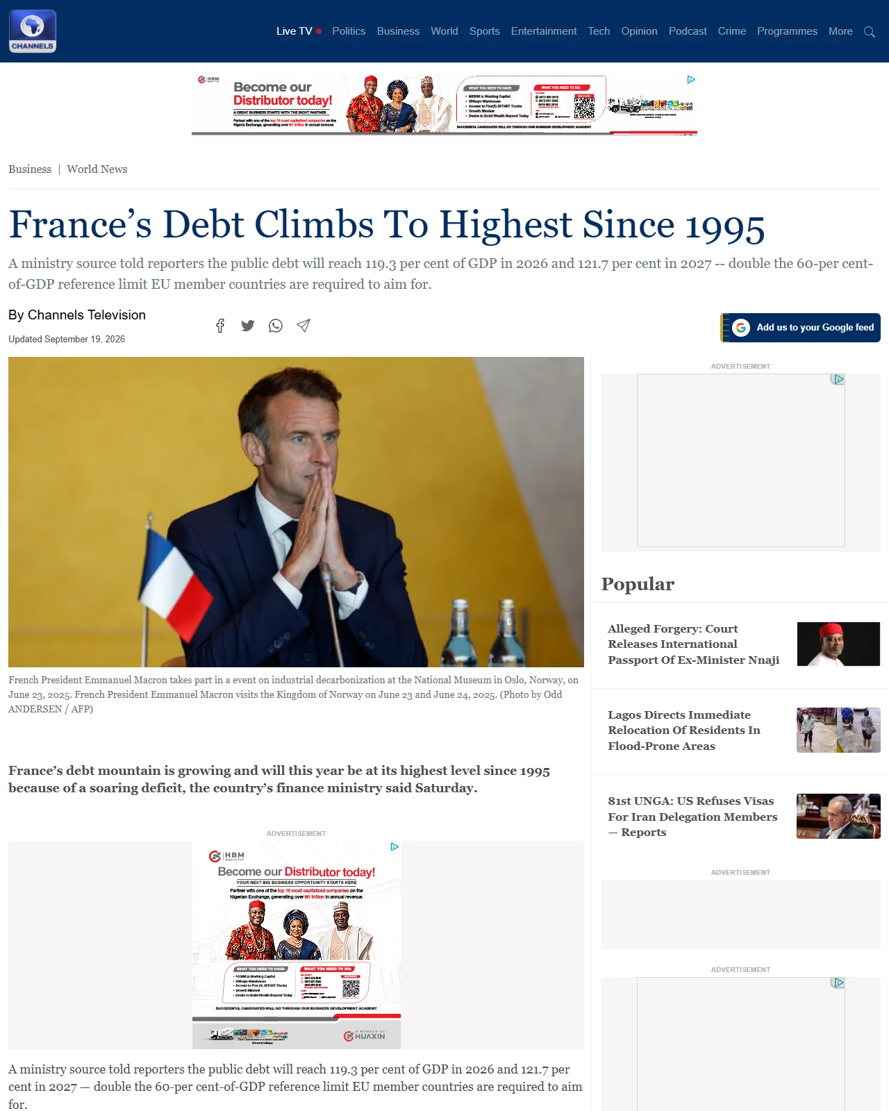 channelstv.com as published: France’s Debt Climbs To Highest Since 1995