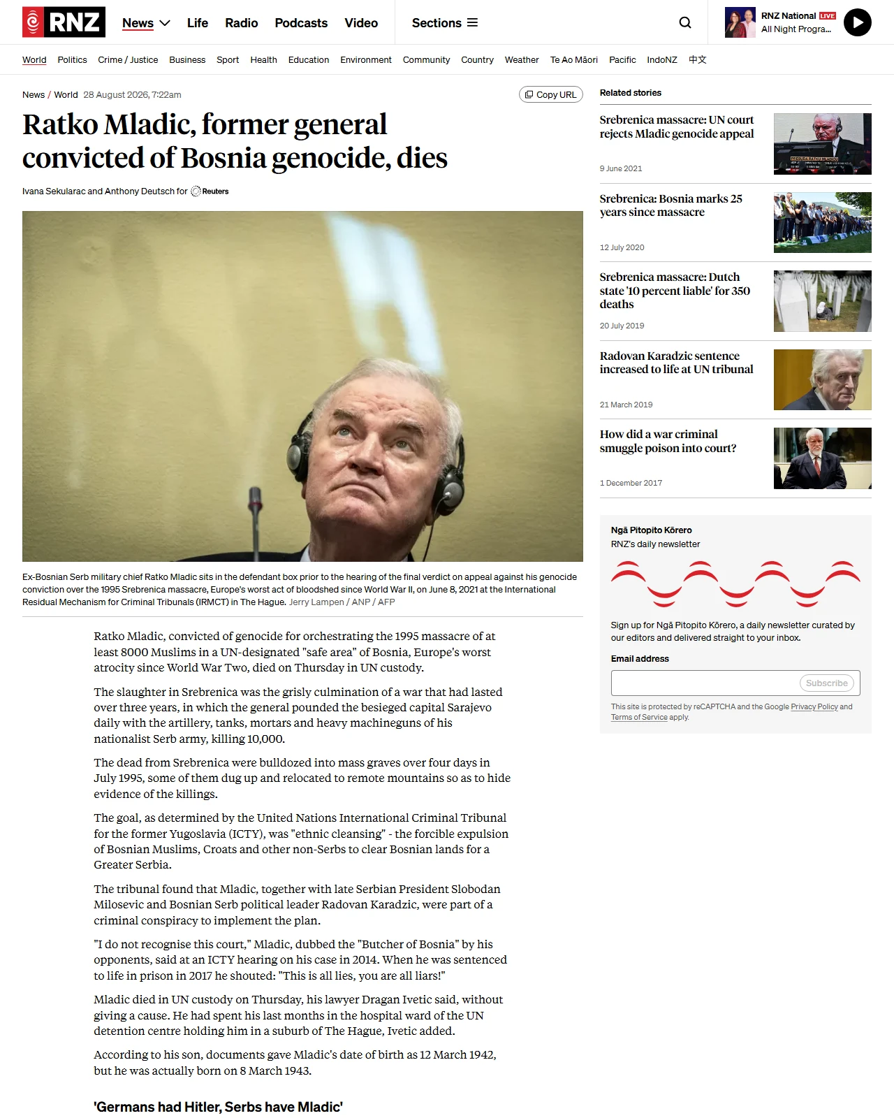 rnz.co.nz as published: Ratko Mladic, former general convicted of Bosnia genocide, dies