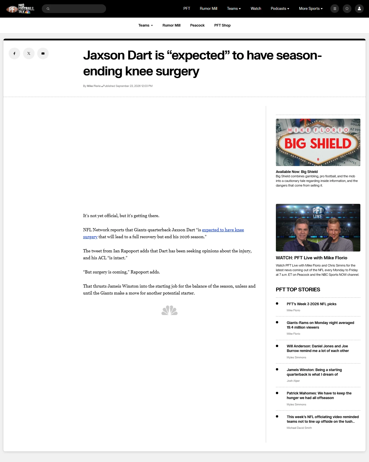 nbcsports.com as published: Jaxson Dart is "expected" to have season-ending knee surgery