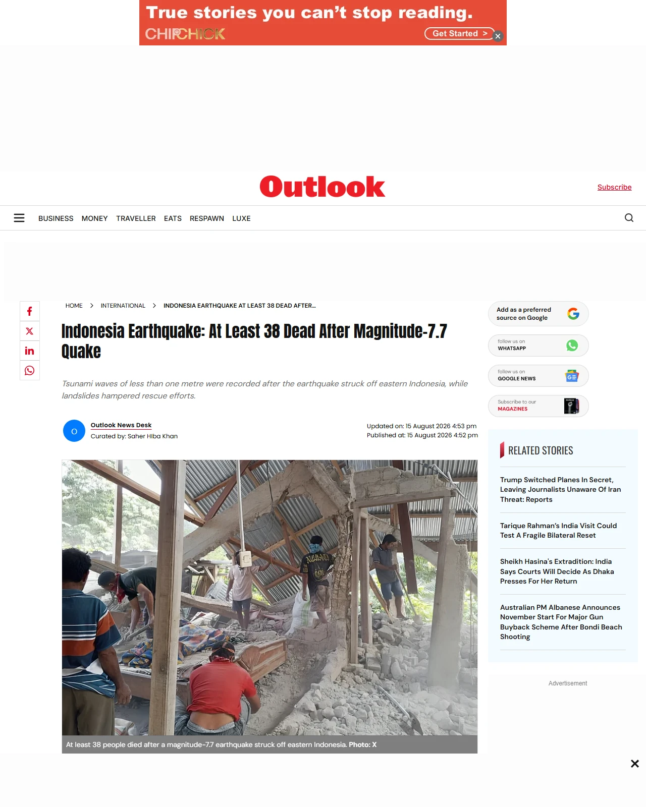 outlookindia.com as published: Indonesia Earthquake: At Least 38 Dead After Magnitude-7.7 Quake