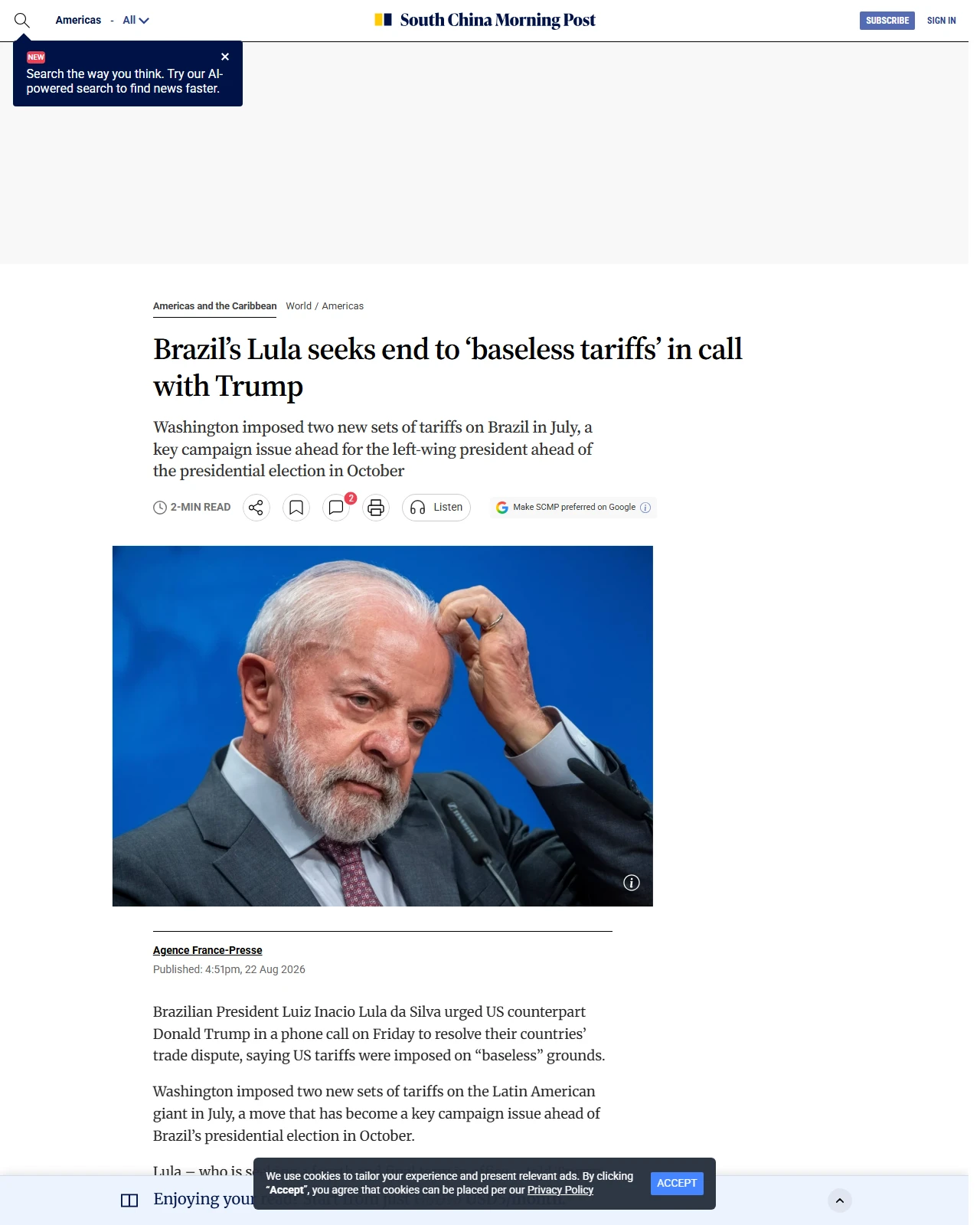 scmp.com as published: Brazil’s Lula seeks end to ‘baseless tariffs’ in call with Trump
